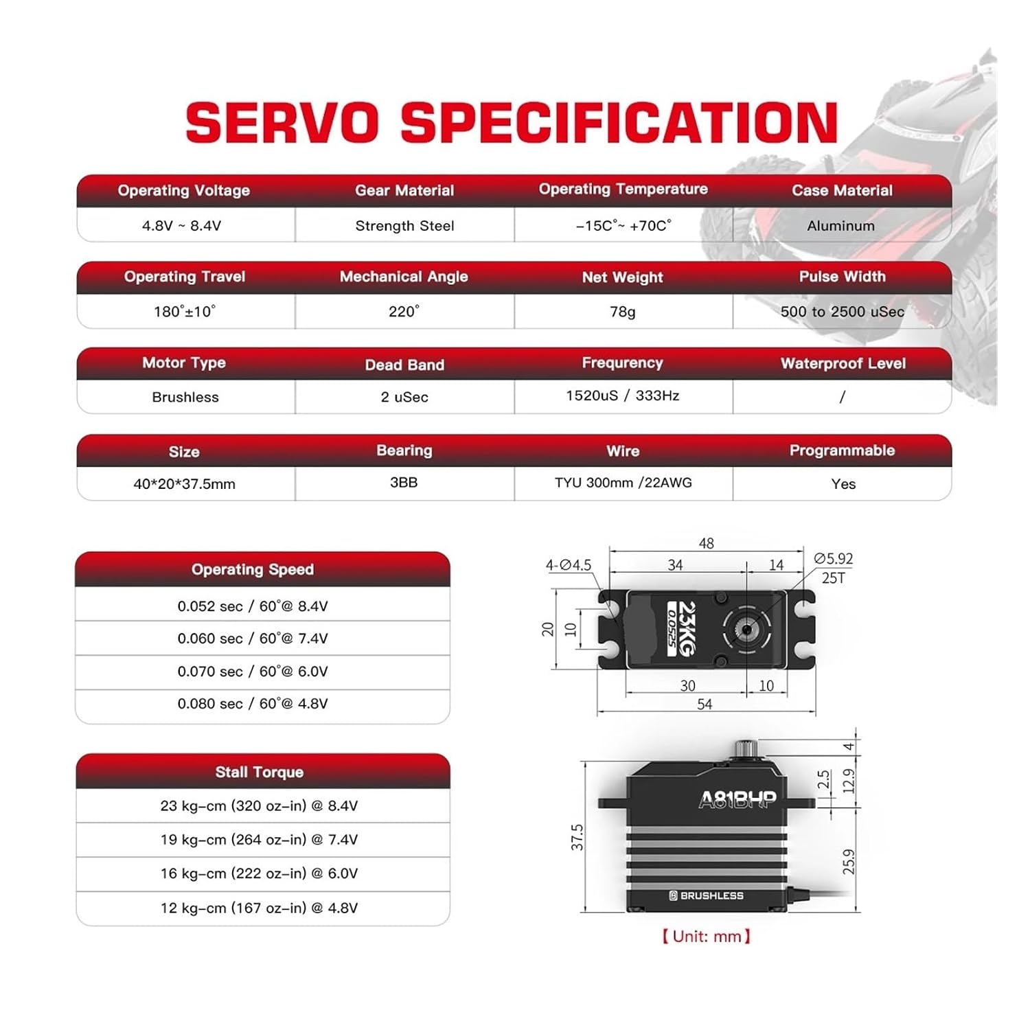 A81BHP 23KG Super High Speed ​​Steel Gear HV Brushless Programmable Standard Steering Servo Suitable for 1/8(A81BHP 23kg Servo)