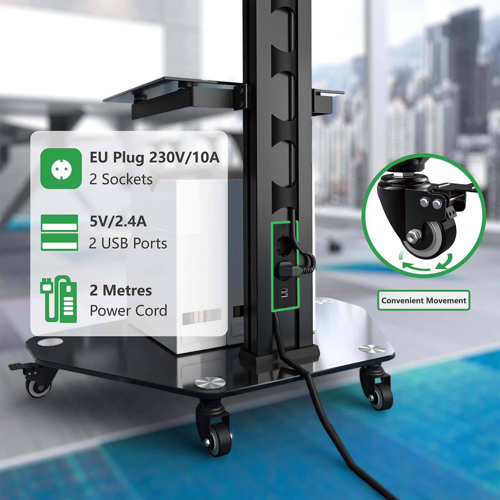 Proton Support TV Mobile sur roulettes avec étagère, Noir, Base en Verre, 209 cm