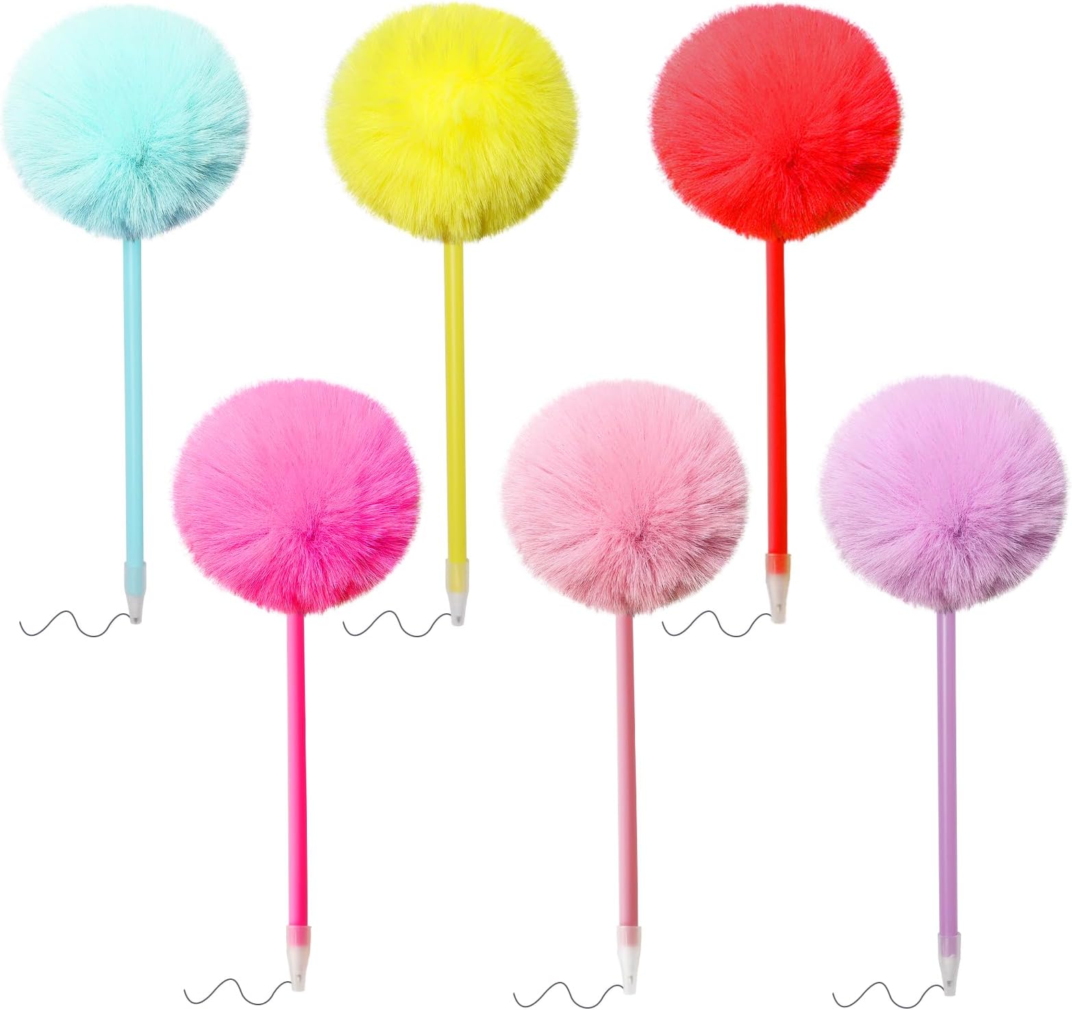 Pom Pom Ballpoint Pen 6 Pack Fluffy Pen Cute Pens Fuzzy Pens for Office,Black Ink,Pink,Purple,Yellow,Green,Red, Light Pink