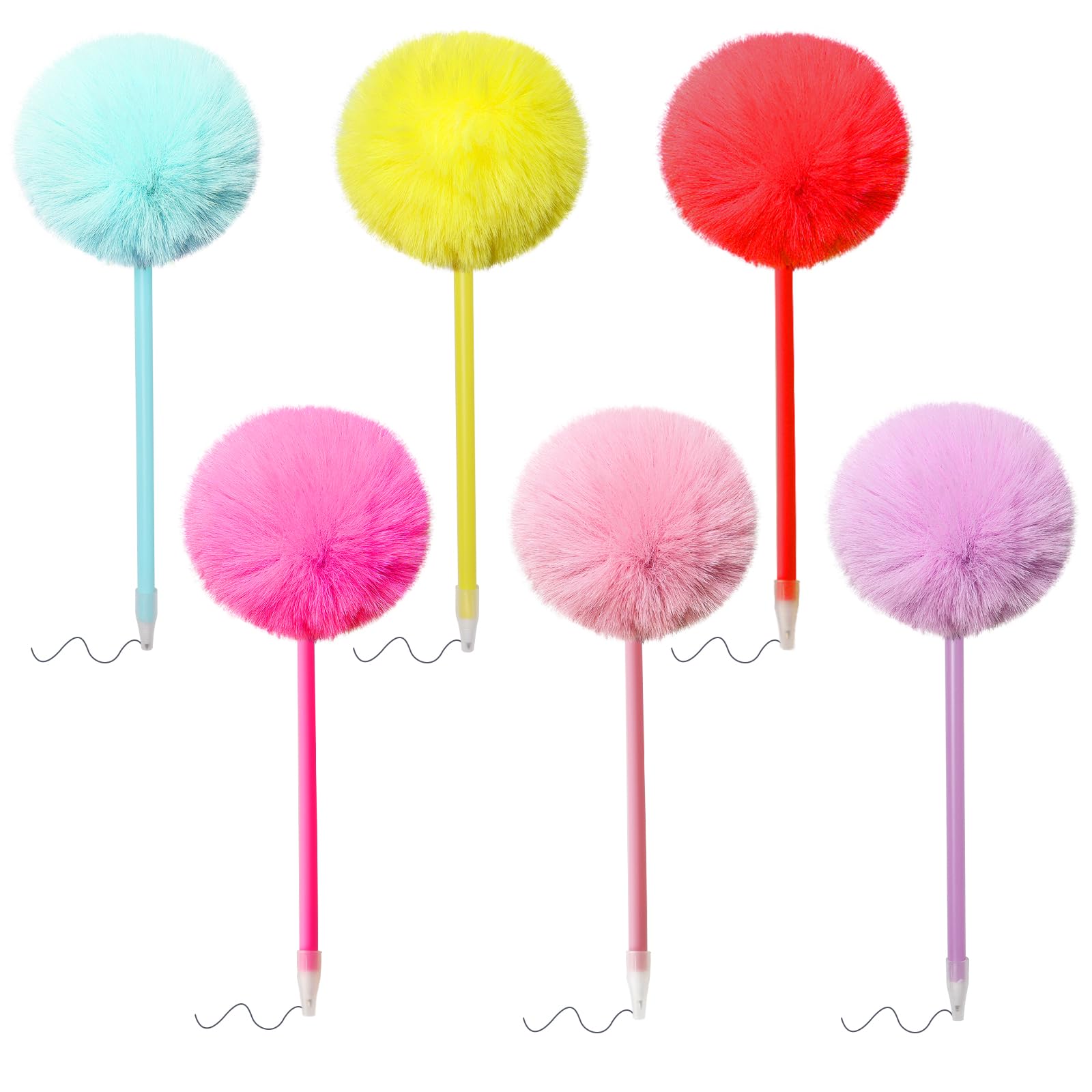 Pom Pom Ballpoint Pen 6 Pack Fluffy Pen Cute Pens Fuzzy Pens for Office,Black Ink,Pink,Purple,Yellow,Green,Red, Light Pink