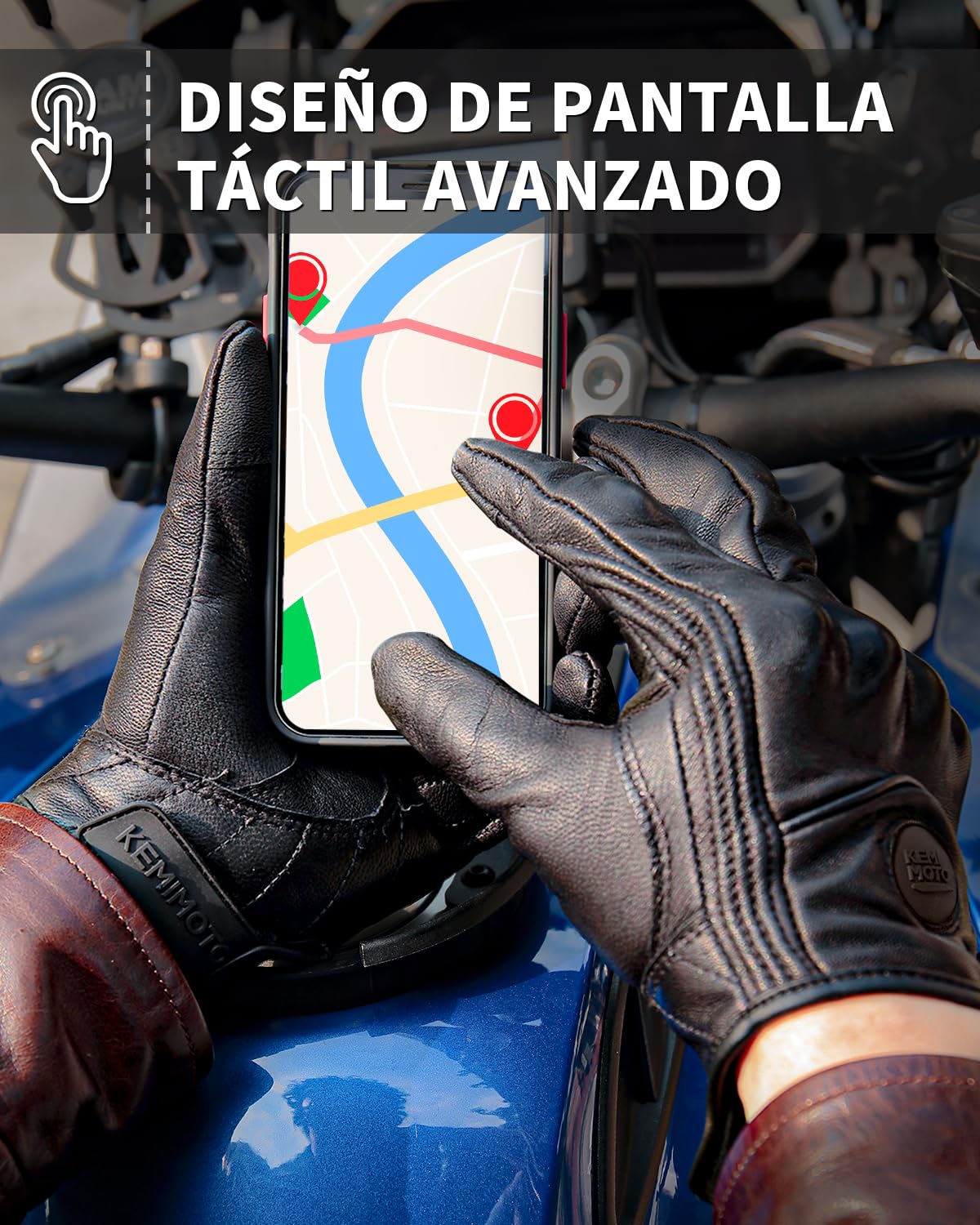 KEMIMOTO Guantes Cuero Moto Hombres y Mujeres, Protector de Nudillos, Pantalla Táctil y Transpirable, de Dedos Completos para Motocross, Tiro