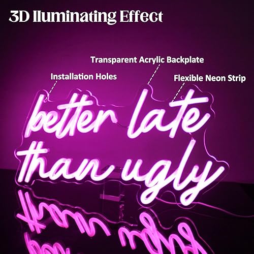 Miniatura 3 de Letrero LED de neón con texto en inglés Better Late Than Fey, letreros luminosos con palabras rosadas, letras de neón para decoración de pared,