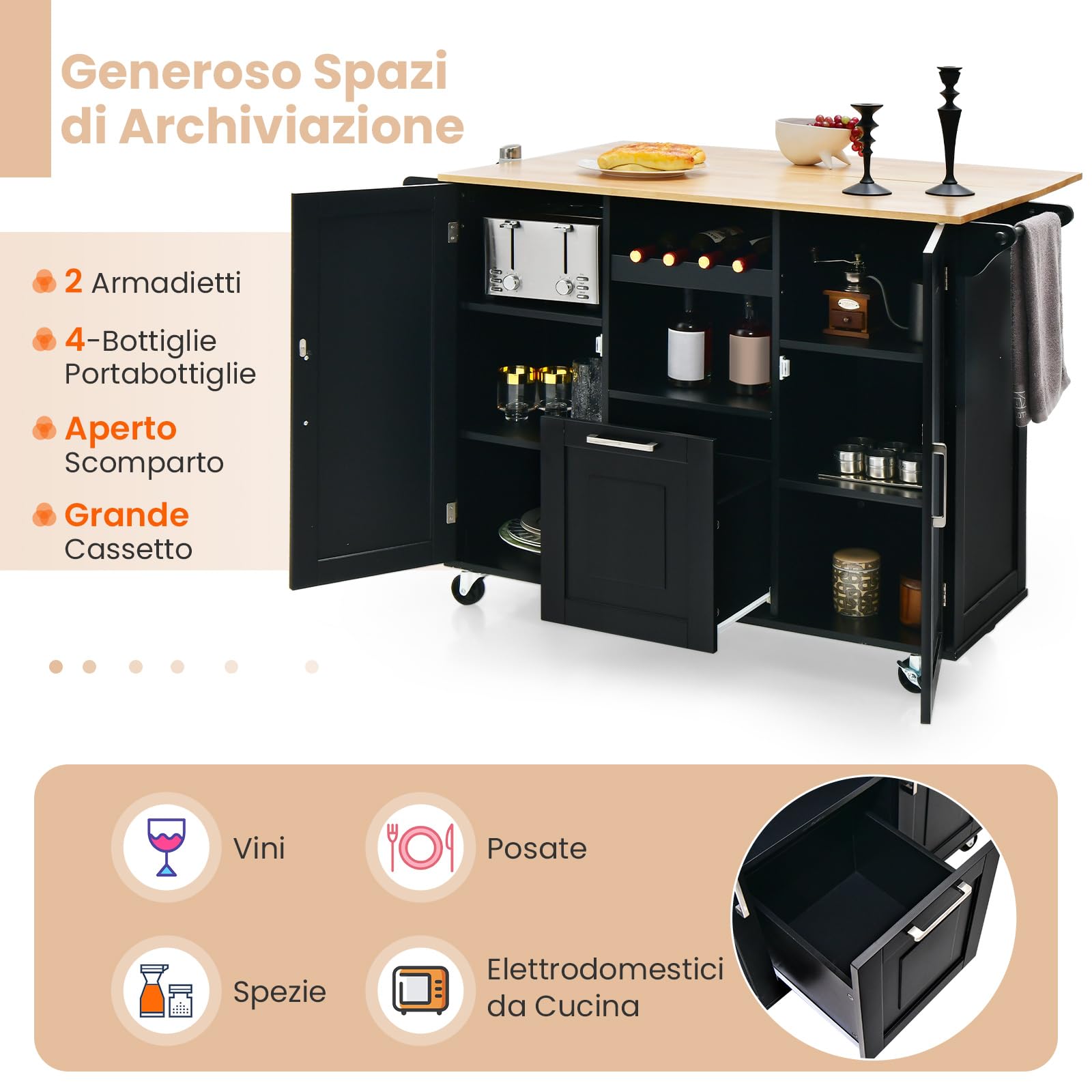 GYMAX Carrello da Cucina, con 2 Armadietti, 1 Cassetto, 1 Scomparto e 1 Portabottiglie, Tavolo Isola per Servizio con 4 Ruote, Portaspezie e Portasciugamani, 130 x 74 x 90 cm (Nero)