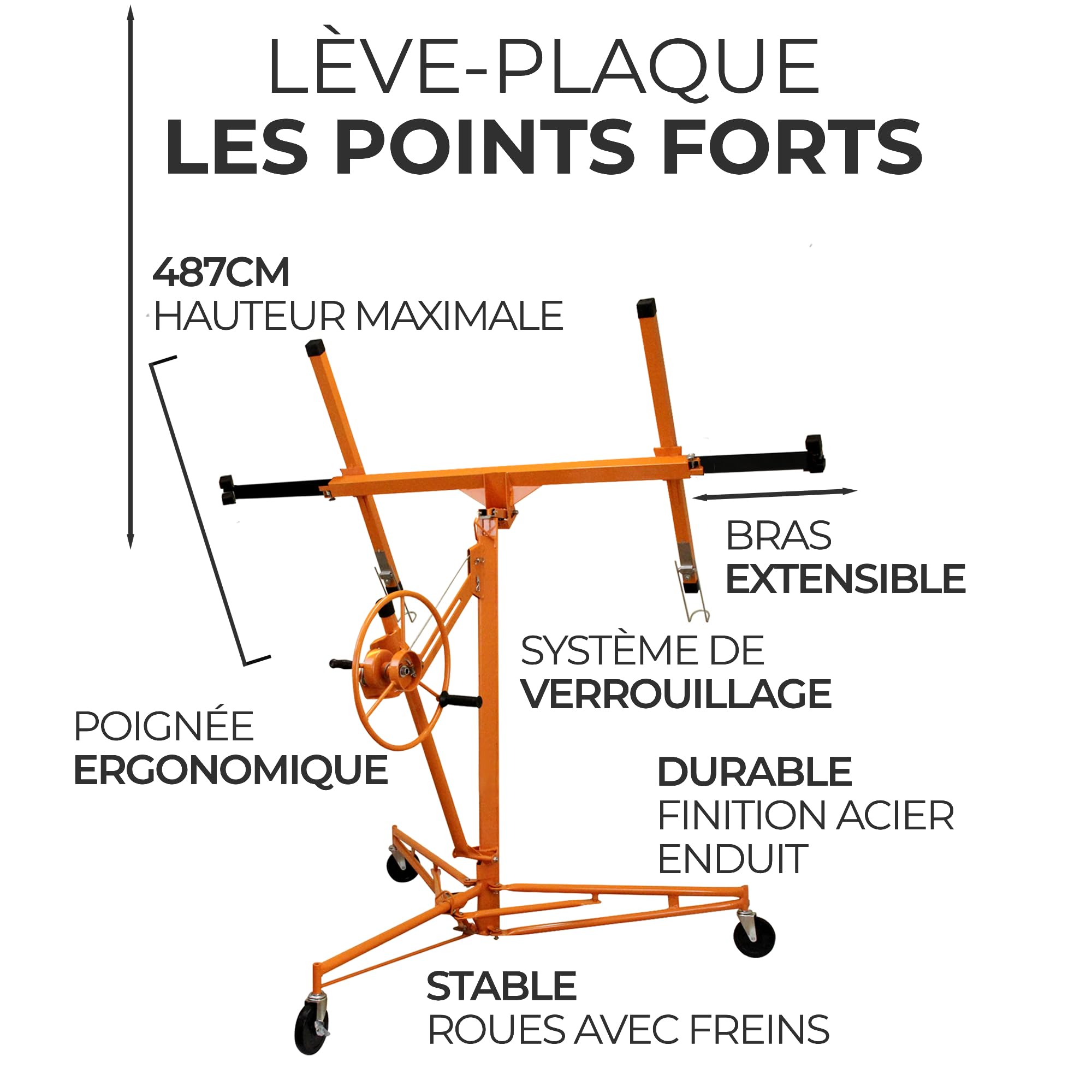 Lève Plaques Lève Panneaux de Platre Placoplâtre 5M Hauteur Réglable de 1.46m à 4.9 M - Capacité 68kg - Manutention Plaque de Plâtre Construction Bâtiment Rénovation Chariot Pose à sec Aide Montage