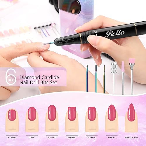 Miniatura 9 de Belle 35000 RPM Máquina de taladro de uñas profesional y lámpara LED UV inalámbrica lima de uñas portátil sin núcleo para uñas acrílicas con 6