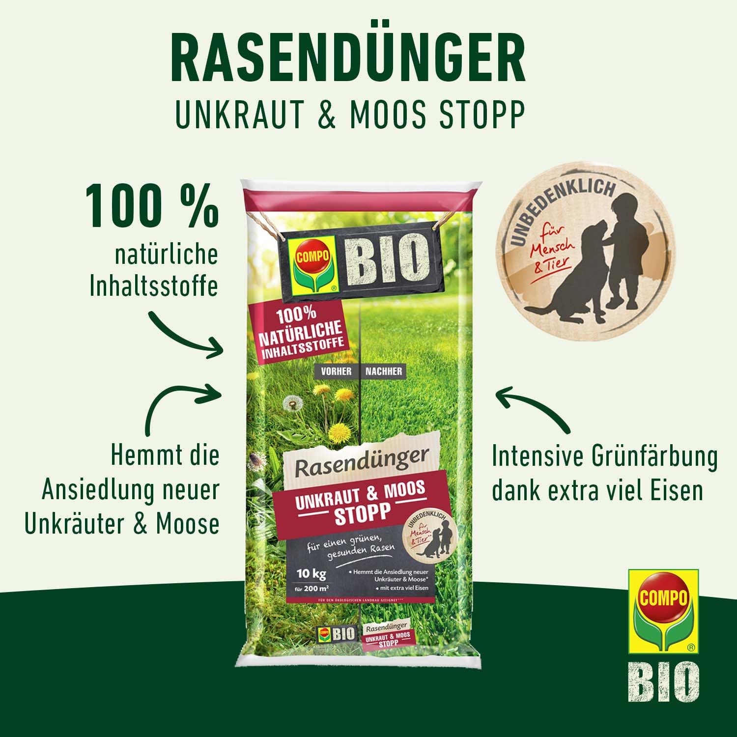 COMPO BIO Rasendünger Unkraut & Moos Stopp - verhindert Ansiedlung von Moos und Unkräutern - 100% natürliche Inhaltsstoffe - 10 kg für 200m²