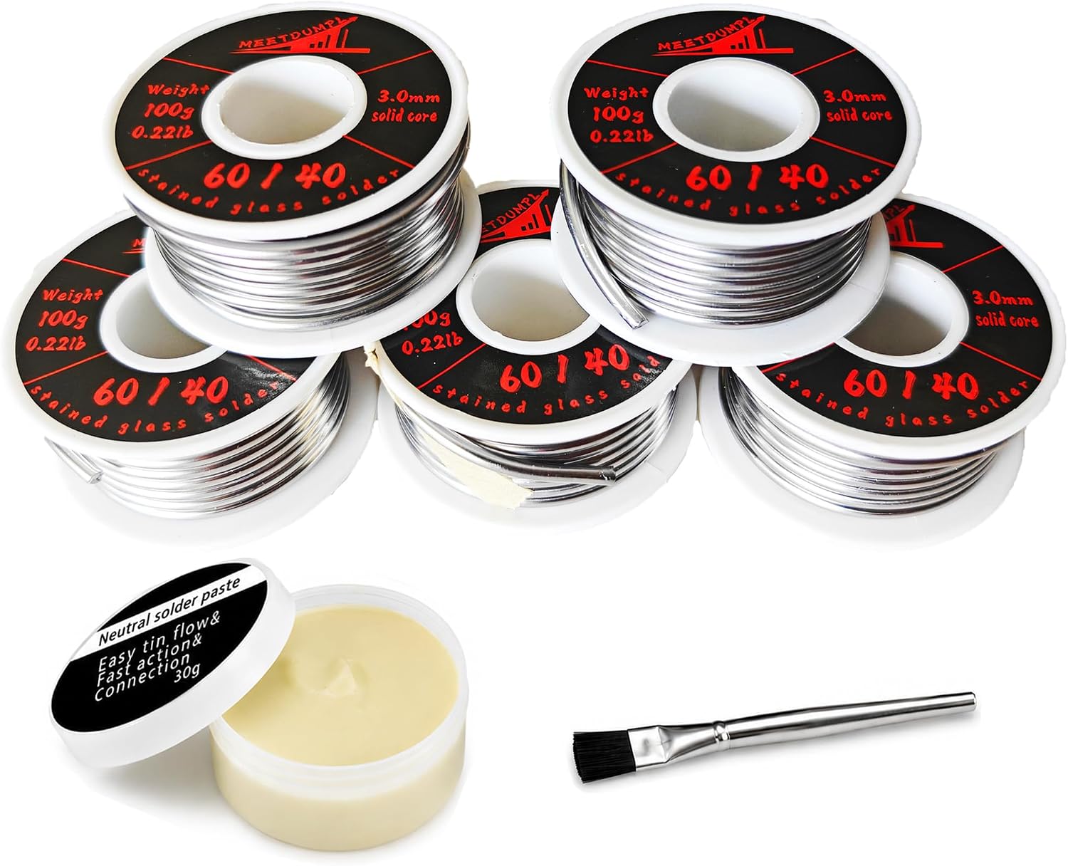 60/40 Solder for Stained Glass，Stained Glass Solder，60/40 Solder，Solid Core，3mm (1/8") Dia，with Flux & Brush Included，Ideal for Stained Glass,Copper Pipe,Jewelry Repair (5 Pack，500g，1.1Lb)