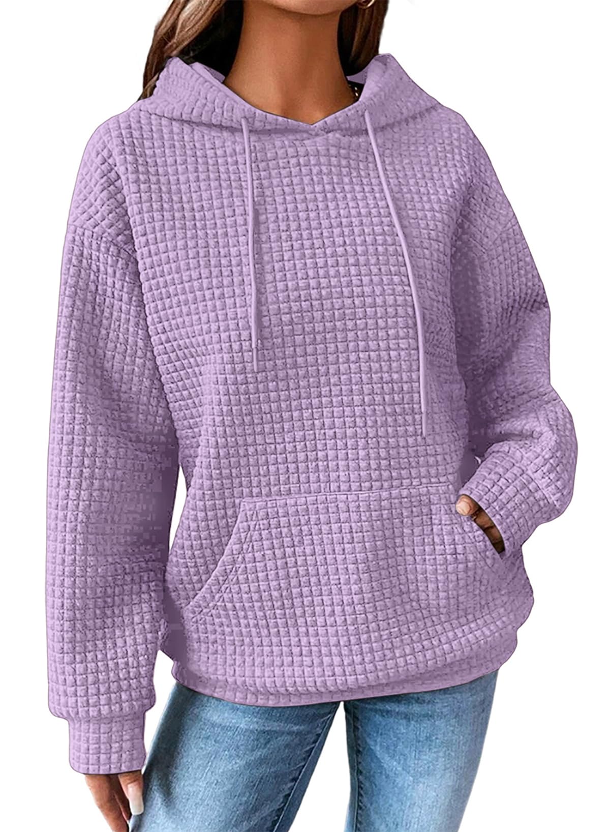 SHEWINWomens Hoodies Casual Long Sleeve Drawstring Waffle Pullover Tops Loose Hooded Sweatshirt with Pocket