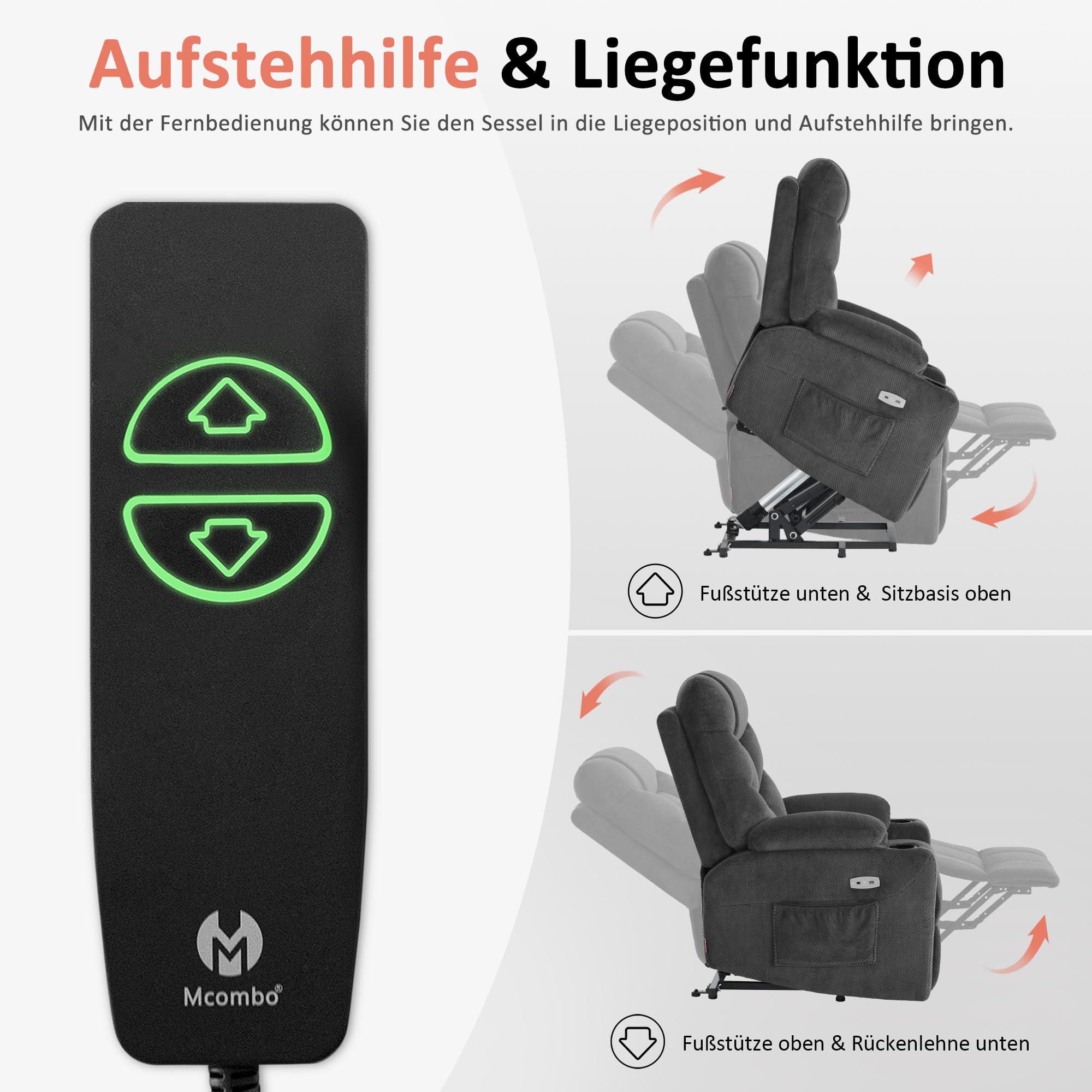 M MCombo Fauteuil TV avec Aide à la montée électrique, Fauteuil avec Aide à la montée, Fauteuil TV avec Fonction inclinable jusqu'à 140°, avec USB 7286