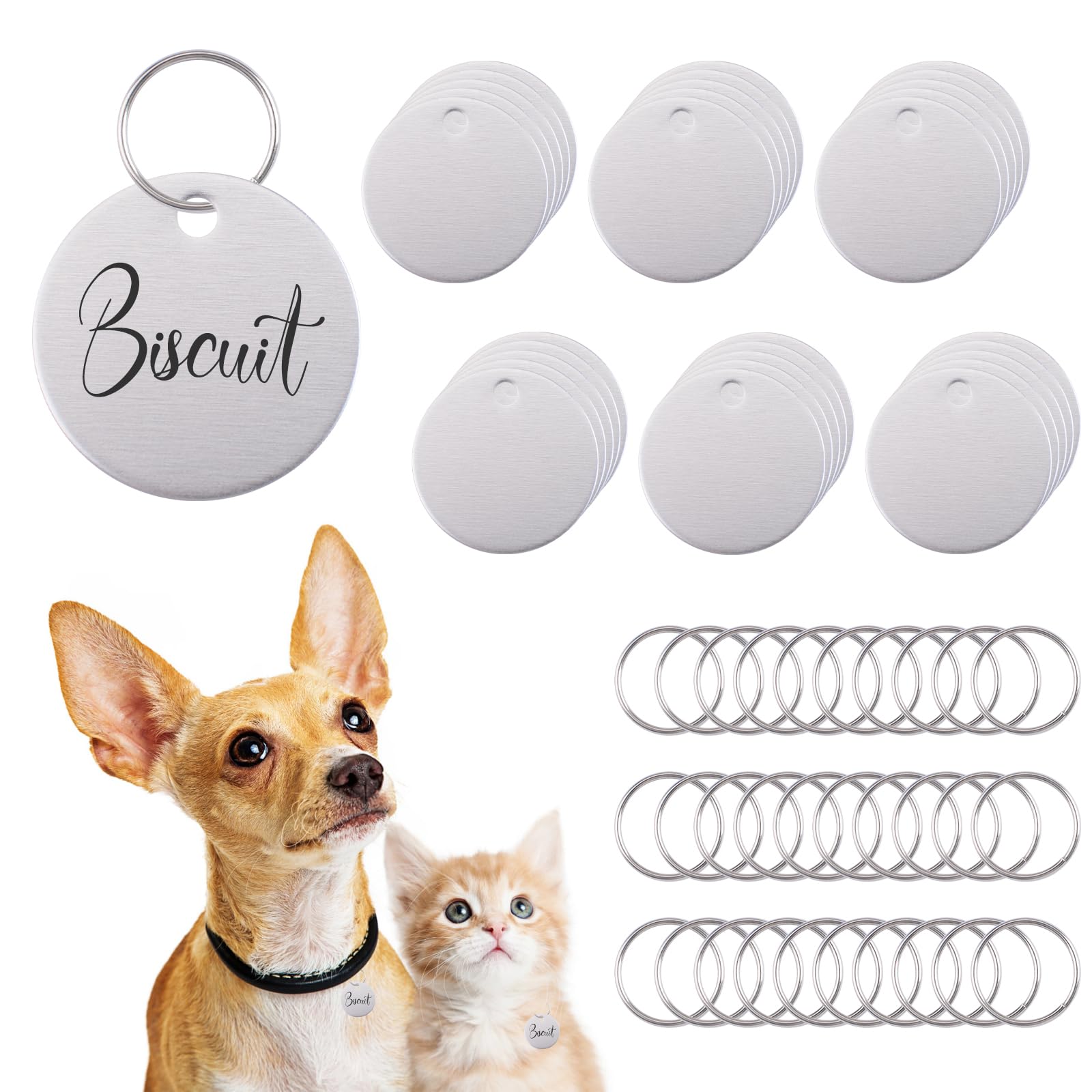 URROMA Pet ID Tag, 30Pcs Sliver Circular Dog Tags Metal Double Side Pet Name Phone Number ID Tags Key Rings for Puppy and Dogs