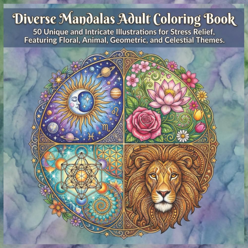 Diverse Mandalas Adult Coloring Book: 50 Unique and Intricate Illustrations for Stress Relief, Featuring Floral, Animal, Geometric, and Celestial Themes
