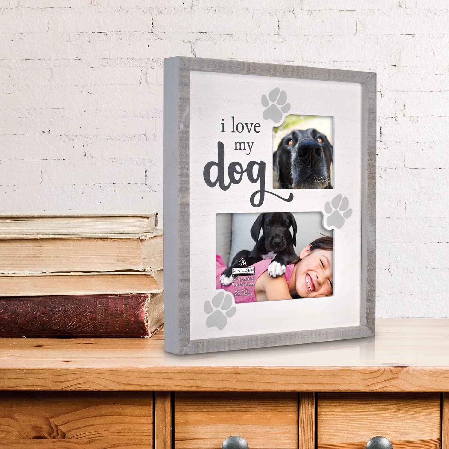 Malden International Designs Two Opening 4x4 & 4x6 I Love My Dog Picture Frame I Love My Dog Sentiment White MDF Wood Frame Raised Gray Rustic Wood Outer Moulding Screenprinted Gray Paw Print Art With Charcoal Gray Text