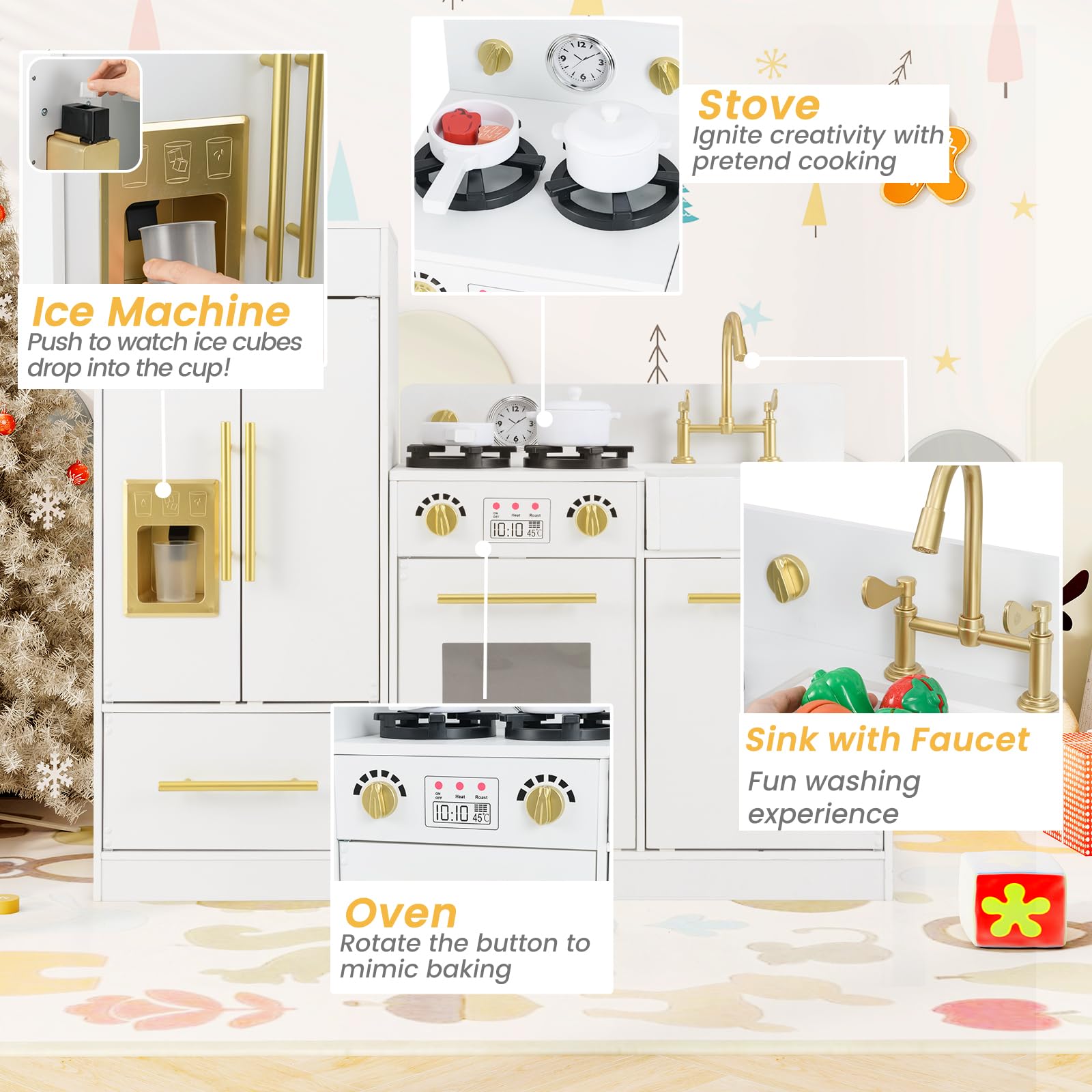 HOMASIS Cocina Infantil esquinera de Madera, Cocina de Juego con luz y Sonido, Cocina de Juguete con Accesorios, Cocinita con Fregadero, Horno, microondas, para niños de 3 años, 85x84x85cm, Rosa