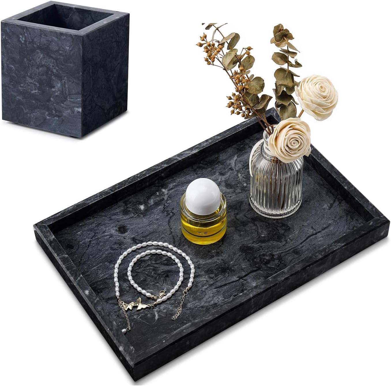 Real Natural Marble Tray & Holder Set - Bathroom Vanity Organizer for Jewelry, Cosmetics, Toothbrush, Pen | Decorative Stone Desktop Tray with Non-Slip Pads