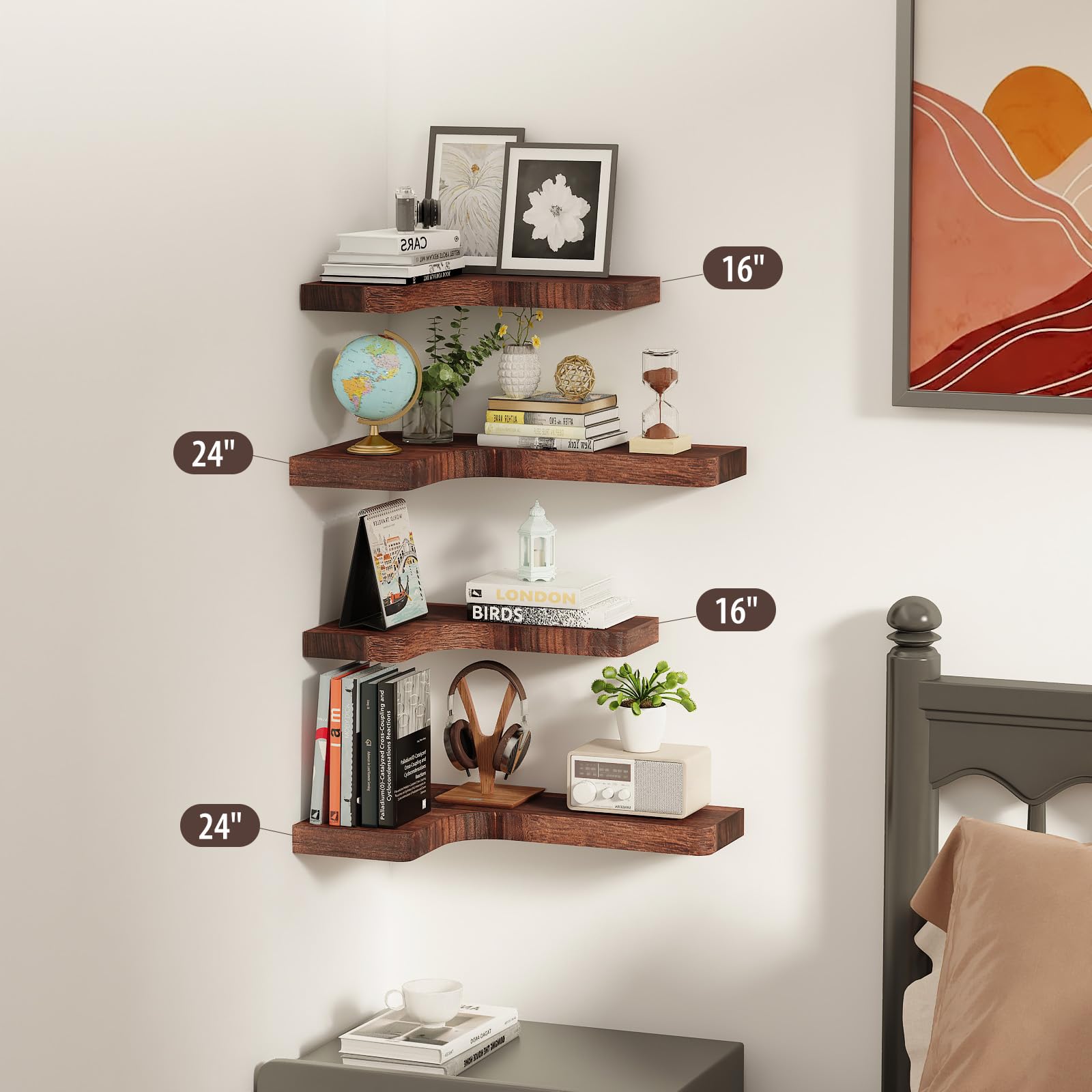 SAUMONIERES Estantes flotantes de esquina para montaje en pared, madera maciza para dormitorio, baño, cocina, almacenamiento, juego de 3, marrón rústico, soportes invisibles