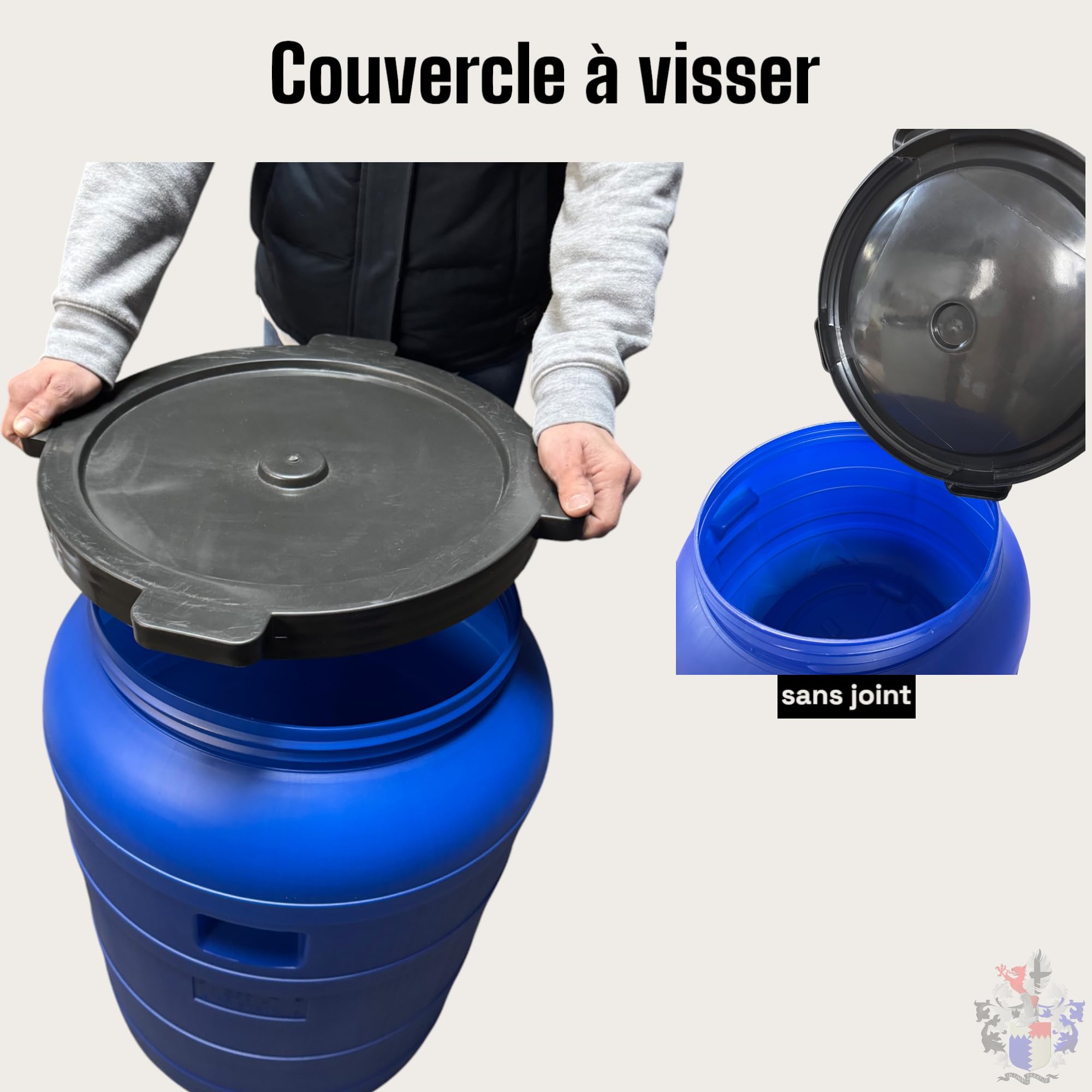 Jordan & Jordan — Fût Plastique 200L PEHD — Couvercle à Visser + Robinet — Grande Capacité Alimentaire — Eau, Huiles, Solide — Certifié sans BPA