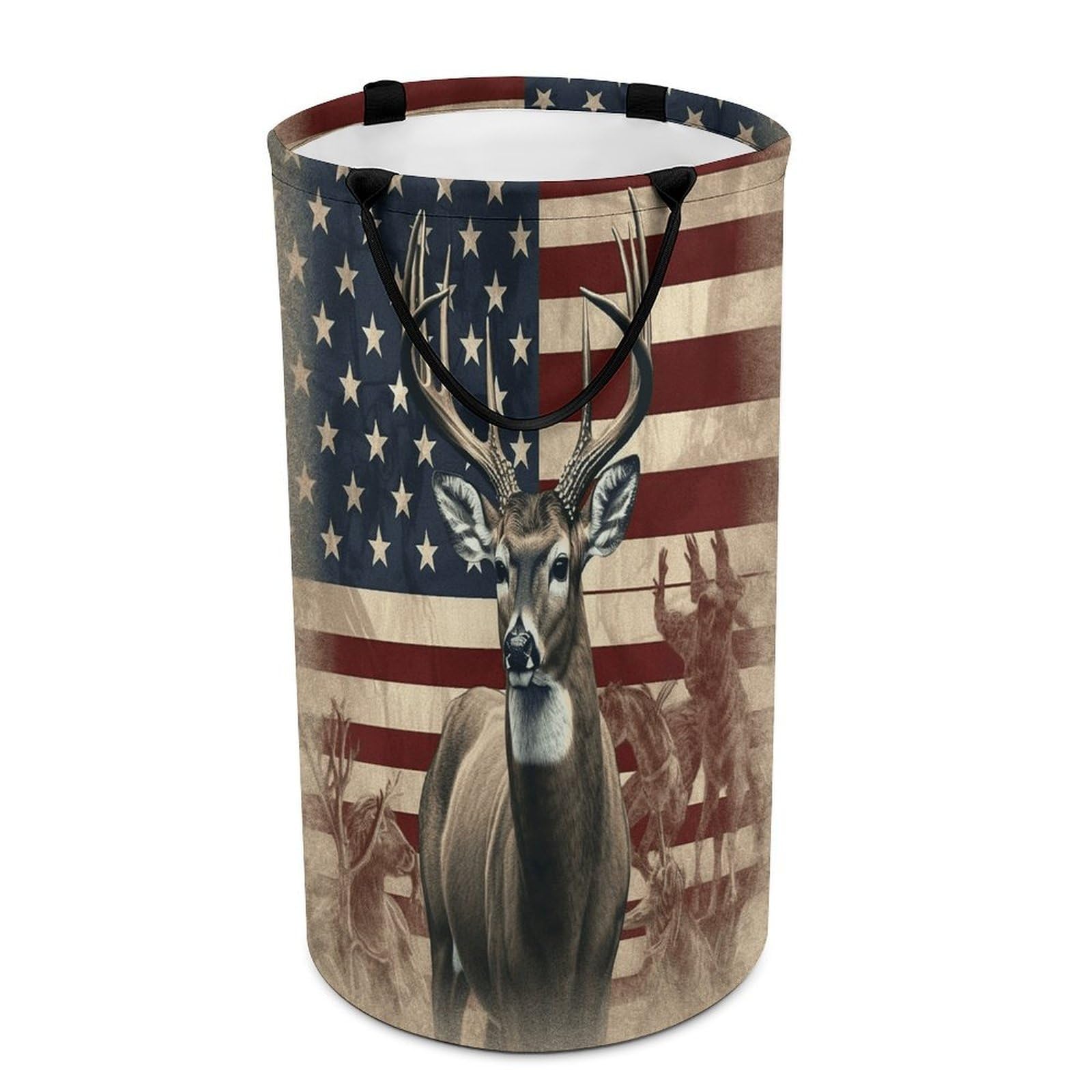 Americana Flag Deer Laundry Basket with Handles Large Collapsible Laundry Bag Freestanding Waterproof Clothes Hamper Decor Storage of Dirty Clothe for Family Bathroom 86L
