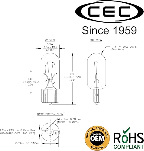 Miniatura 2 de CEC Industries 193 - Bombilla de 14 V, 4.62 W, forma T3.25 (paquete de 10)