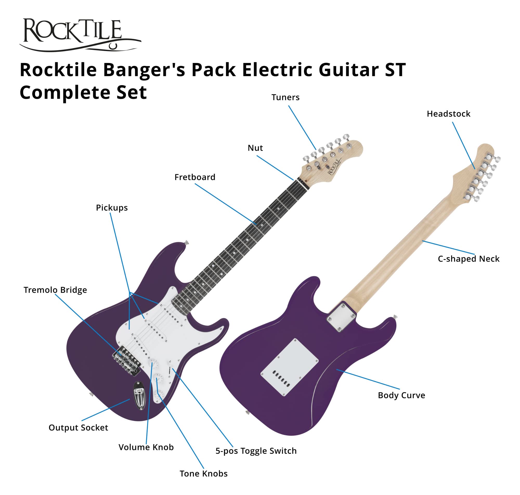 Rocktile ST-Pack Set Completo Chitarra Elettrica Purple (Amplificatore, Accordatore, Tremolo, Custodia, Cavo, Tracolla, Plettro, Corde di Ricambio e Scuola con CD/DVD)