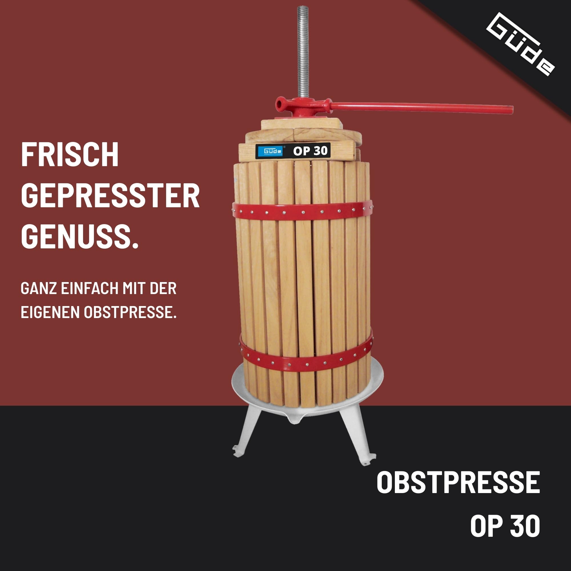 Güde Obstpresse OP 30 (30 Liter Presskorb aus unbehandeltem Holz, lebensmittelecht lackiertes Auffangbecken, 2-tlg. Pressteller, Presstuch aus Polyester, robuste Stahlspindel, fertig montiert)