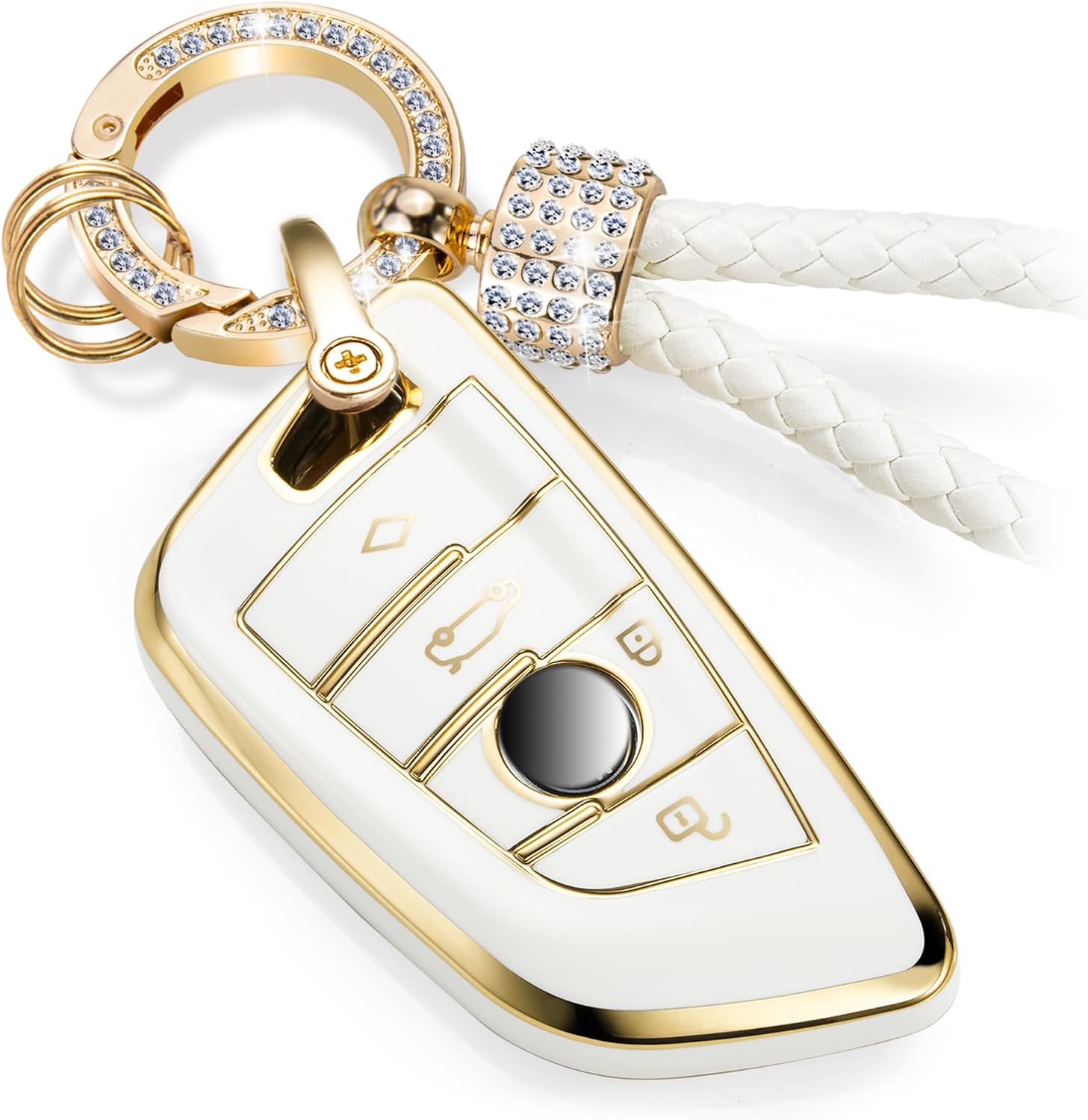 Key Fob Cover for BMW, Rhinestone Loop Keychain Case, Gold Edge