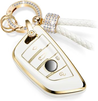 for BMW Key Fob Cover with Luxury Diamond Bling Braided Rope Keychain, Upgraded Blade Shape Soft Key Case for New BMW Smart Key Gold Edge Bling