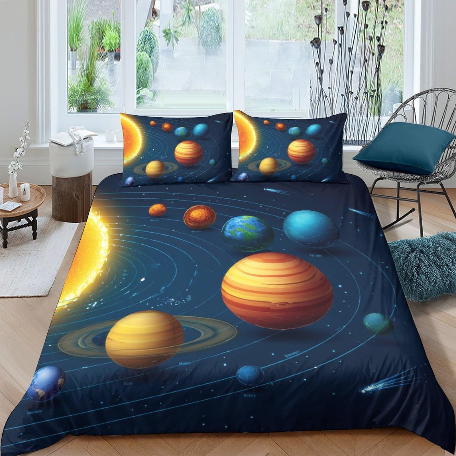 GPLZQXKJNH 3D Printed Solar System Duvet Cover Set Microfiber Soft Breathable Planet Bedding Set with 2 Pillowcases for Bedroom Home Decor Single（135x200cm）