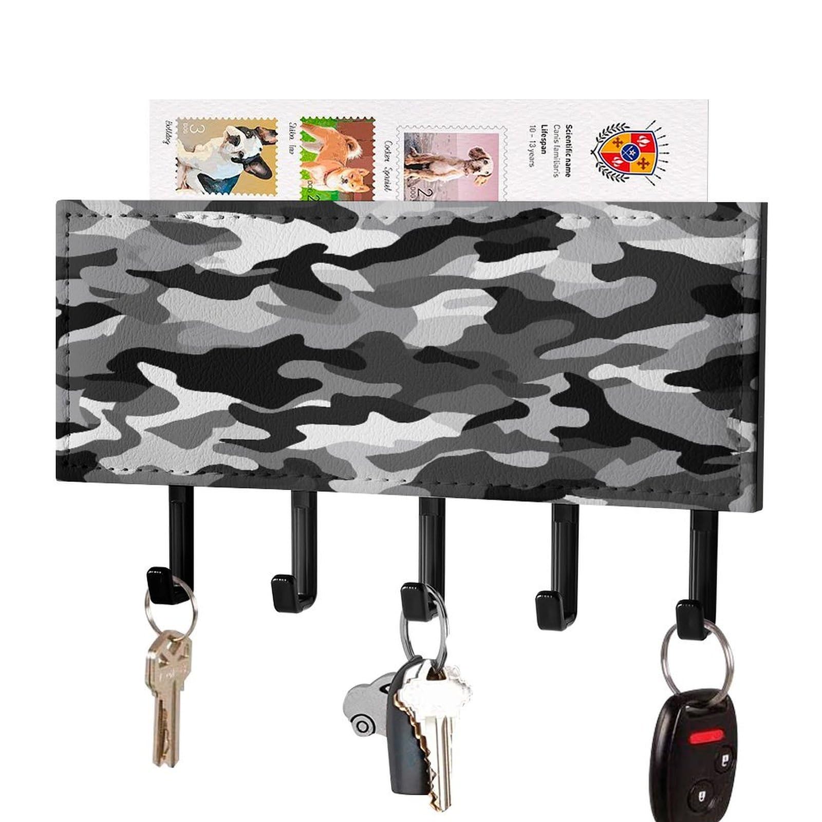 Fekiloot Black-Style Black Grey White Camo Key Holder Wall Mount Decorative Key And Mail Holder With 5 Hooks Key Hanger Organizer Pu Key Rack Decorative Home Decor For Wall Living Room Entryway Office