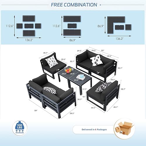 Miniatura 955 de NICESOUL 7 Piece White Powder-Coated Aluminum Patio Furniture with Fire Pit Table, 29 Inch Extra Wide Outdoor Sectional Sofa for 6, High-End Heavy