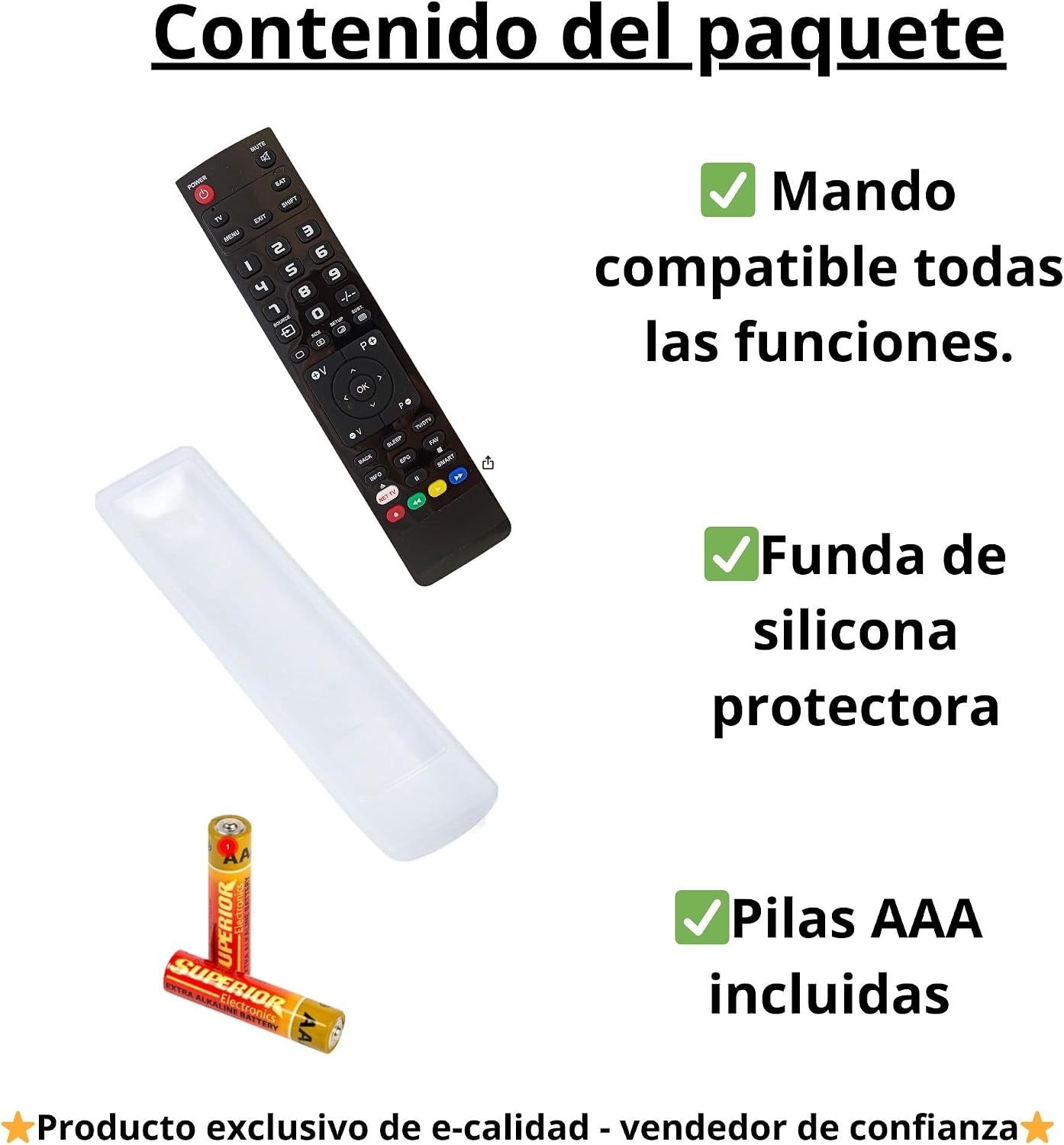 Image showing the remote control, a clear silicone protective case, and two AAA batteries.