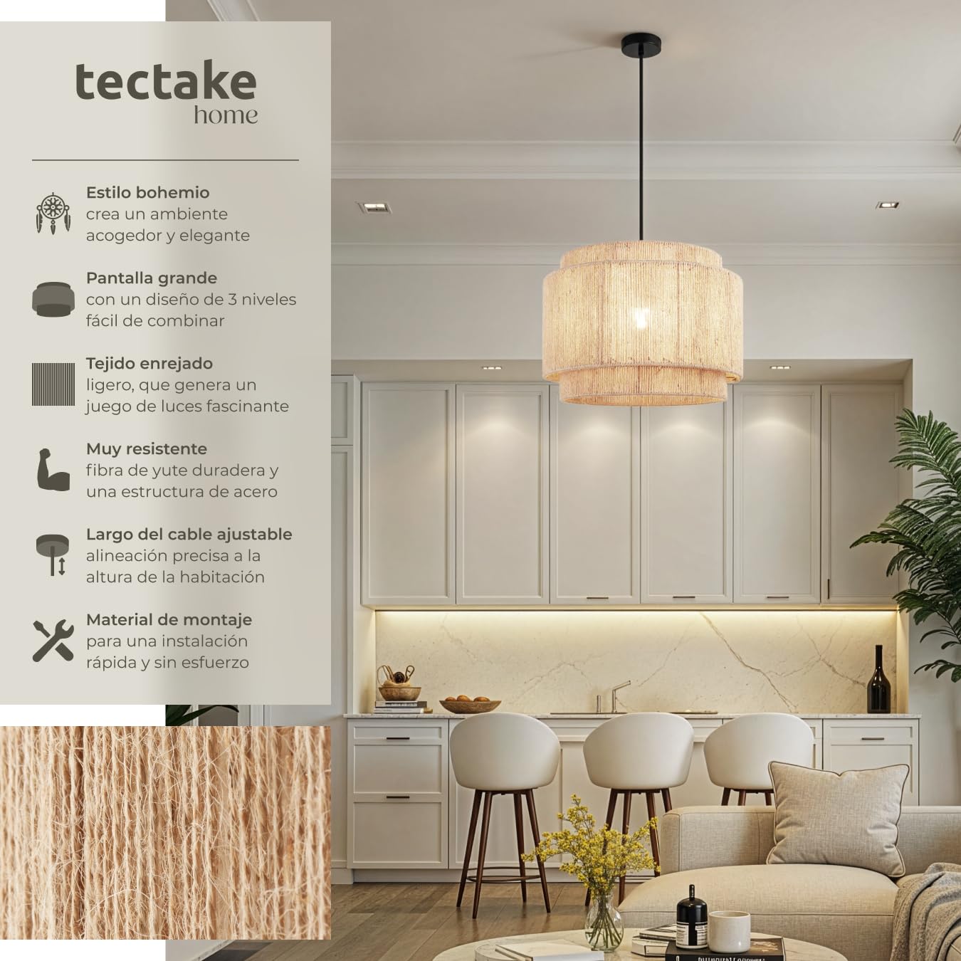 tectake® Lampara Techo Dormitorio Boho Artesanal en Yute Sostenible con Estructura de Acero, Lámpara de Techo Colgante Salón 40 W, Lampara Salon, Plafon - 46 x 46 x 32 cm