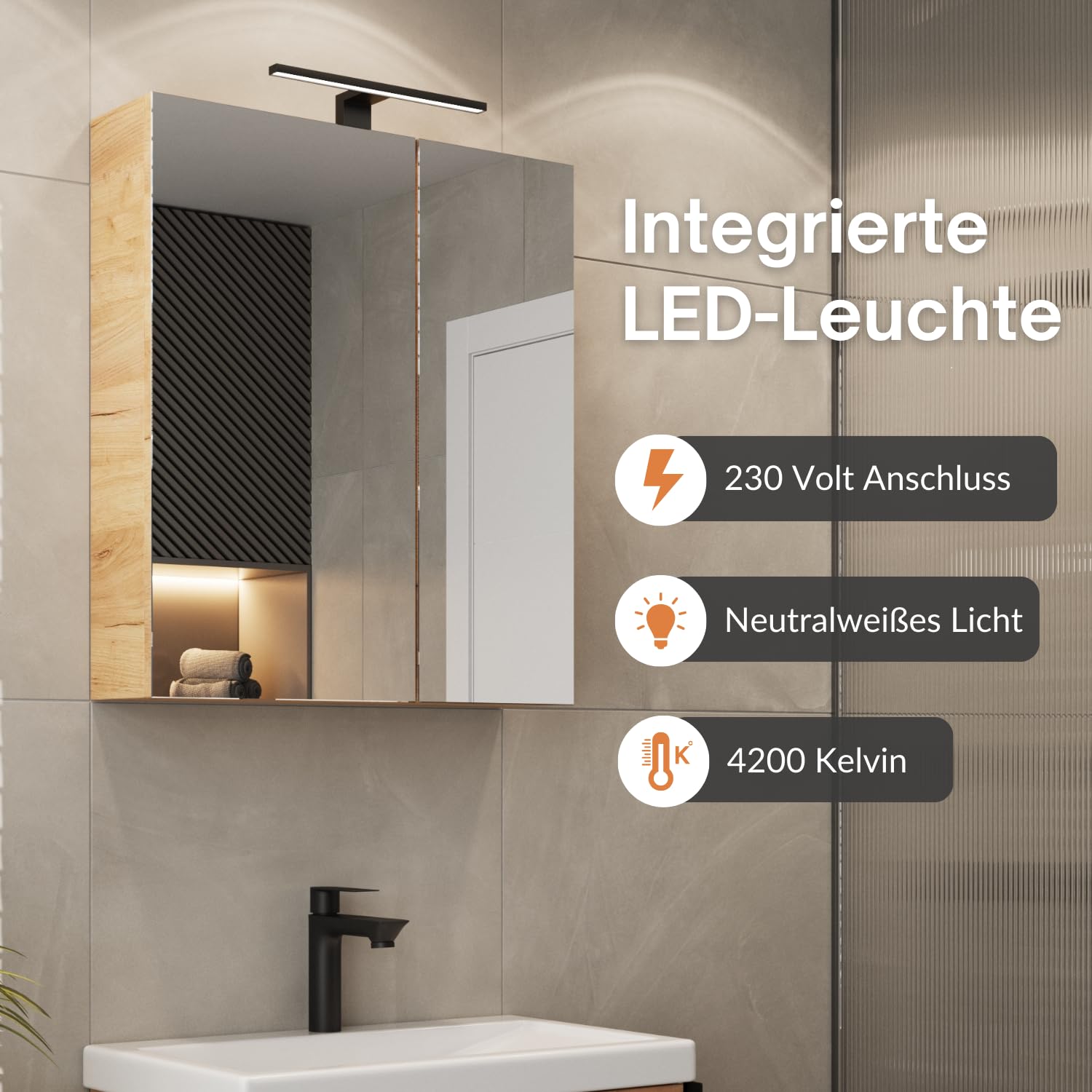 Planetmöbel Armoire de Toilette avec éclairage LED 60cm chêne doré