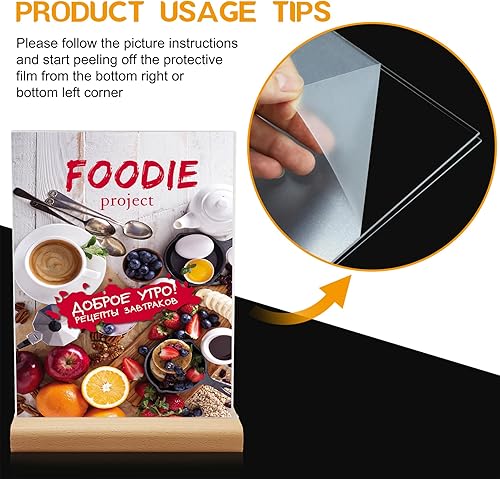 Miniatura 7 de Paquete de 6 soportes acrílicos con diseño de espalda inclinada, marcos acrílicos transparentes en forma de LT, base de madera, soporte de