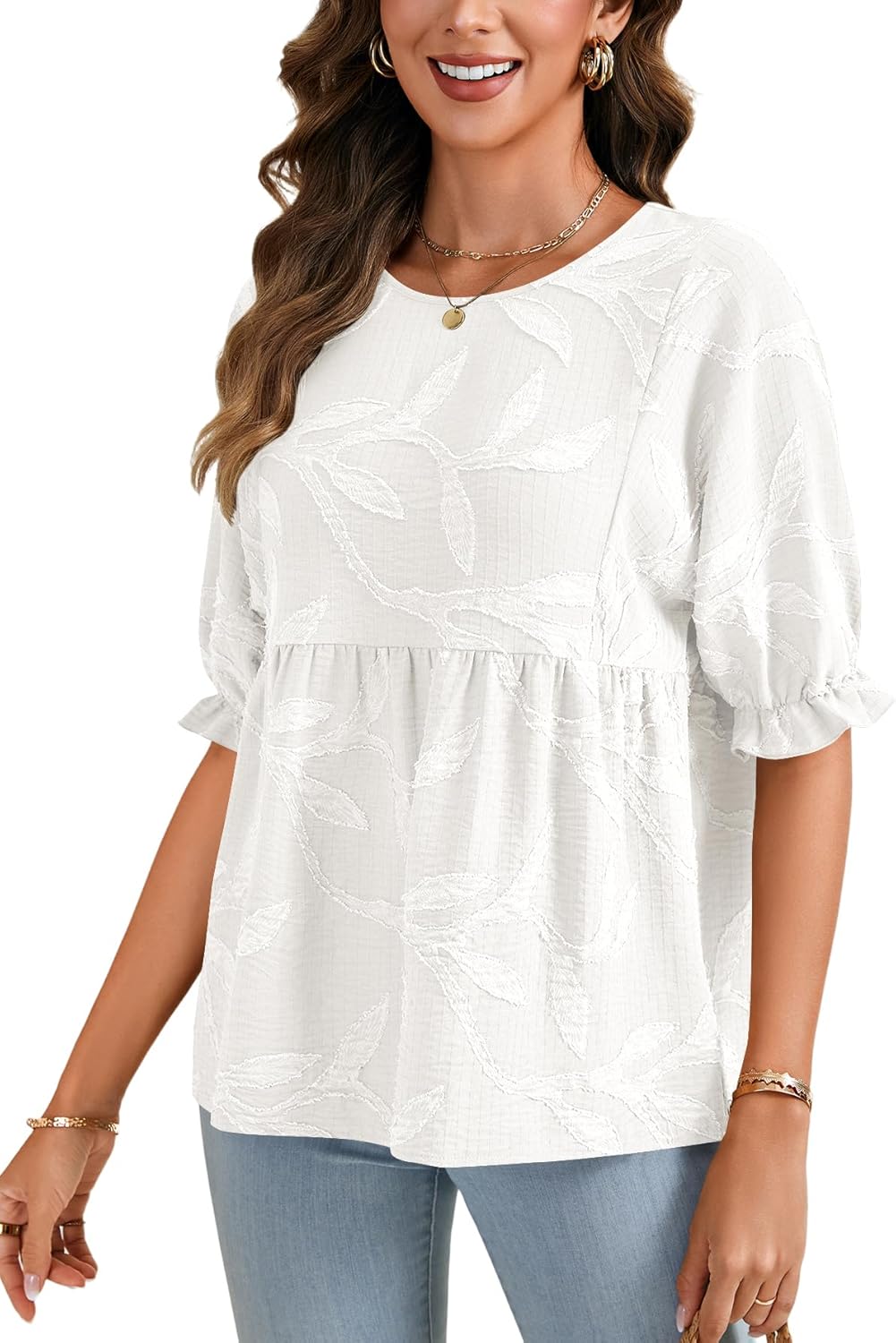 LYANER Women's Floral Textured Crewneck Peplum Ruched Puff Half Sleeve Casual Blouse Tops - Image 4