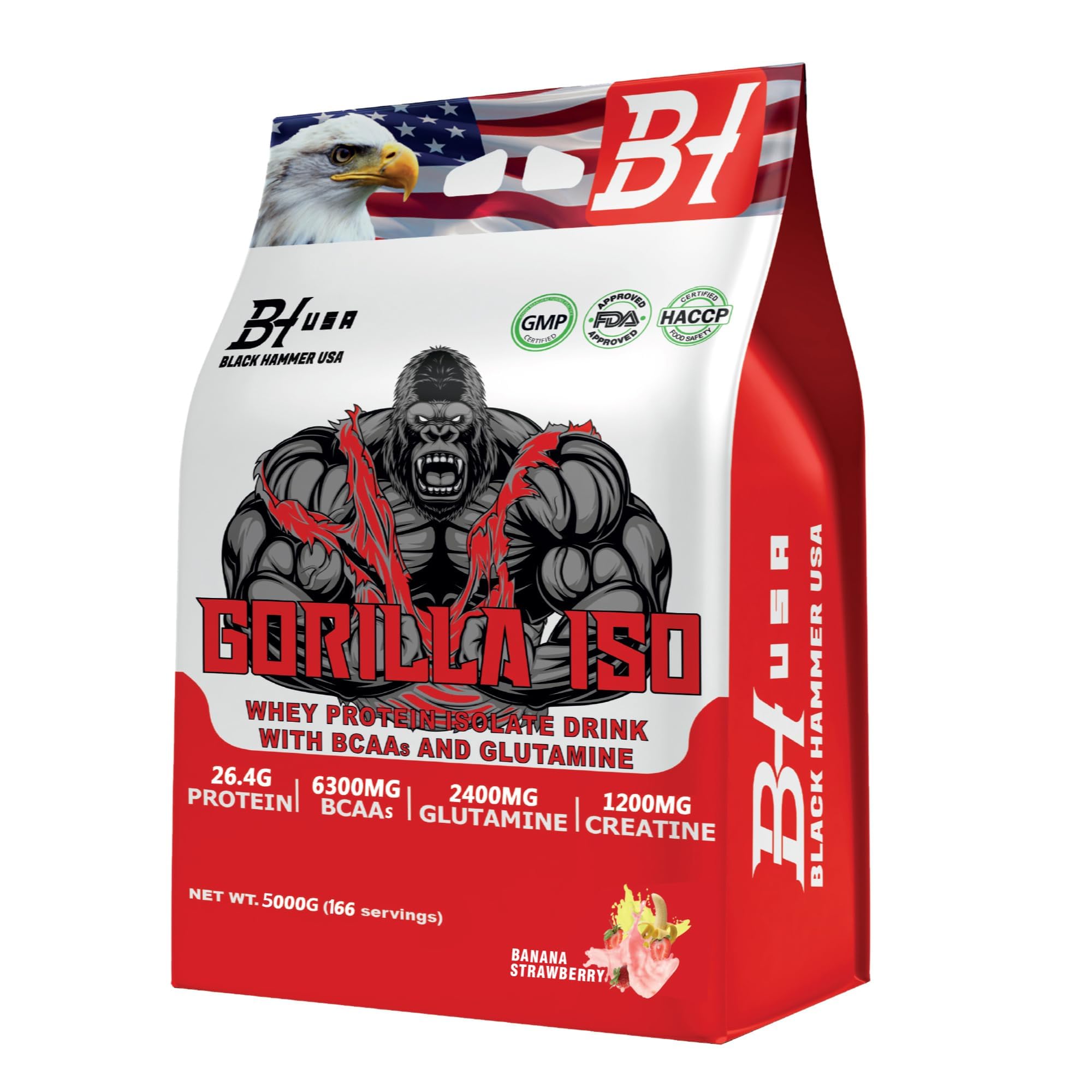 Gorilla ISO Whey Protein Isolat 10 kg (2 x 5 kg) – Banane-Erdbeere & Schokolade – 26,4 g Protein, 6,3 g BCAA, 12,66 g EAA, Kreatin & Glutamin – Black Hammer USA
