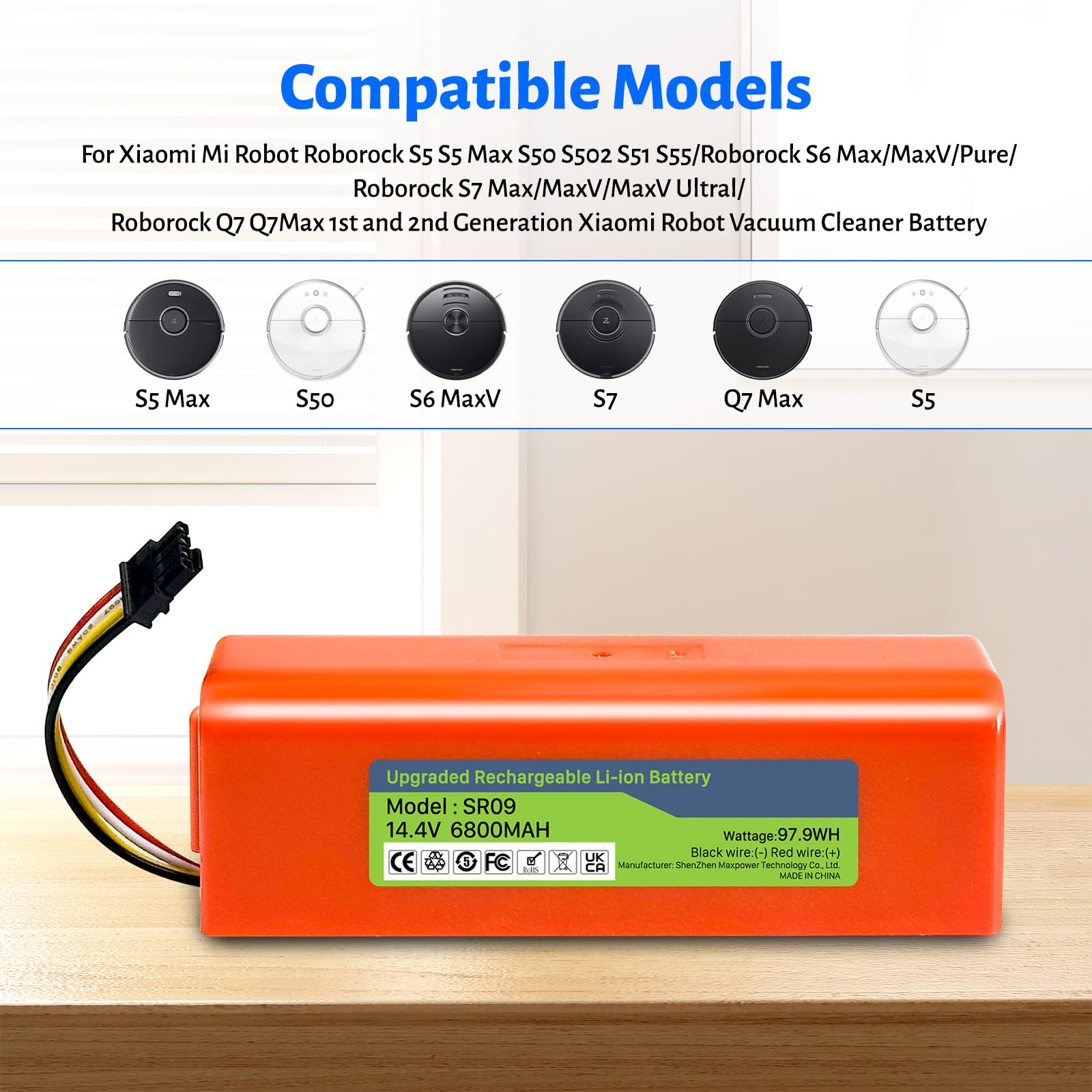Batterie pour Xiaomi Roborock S5, S5 Max, S50, S6, S6 MaxV, S7, Q7 Max V Ultra Pure, Q5 Q5 Max Q5 Pro, Brr-2p4s-5200s, 1ère et 2ème génération Mijia Robot Hoover