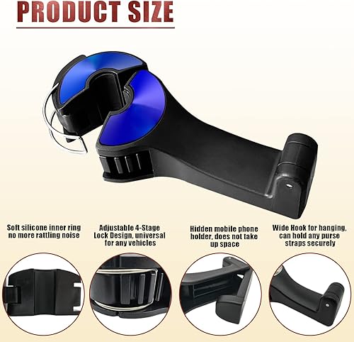 Miniatura 3 de Ganchos de asiento de coche 2 en 1 para bolsos y bolsas con soporte para teléfono, organizador universal para reposacabezas de automóvil, gancho