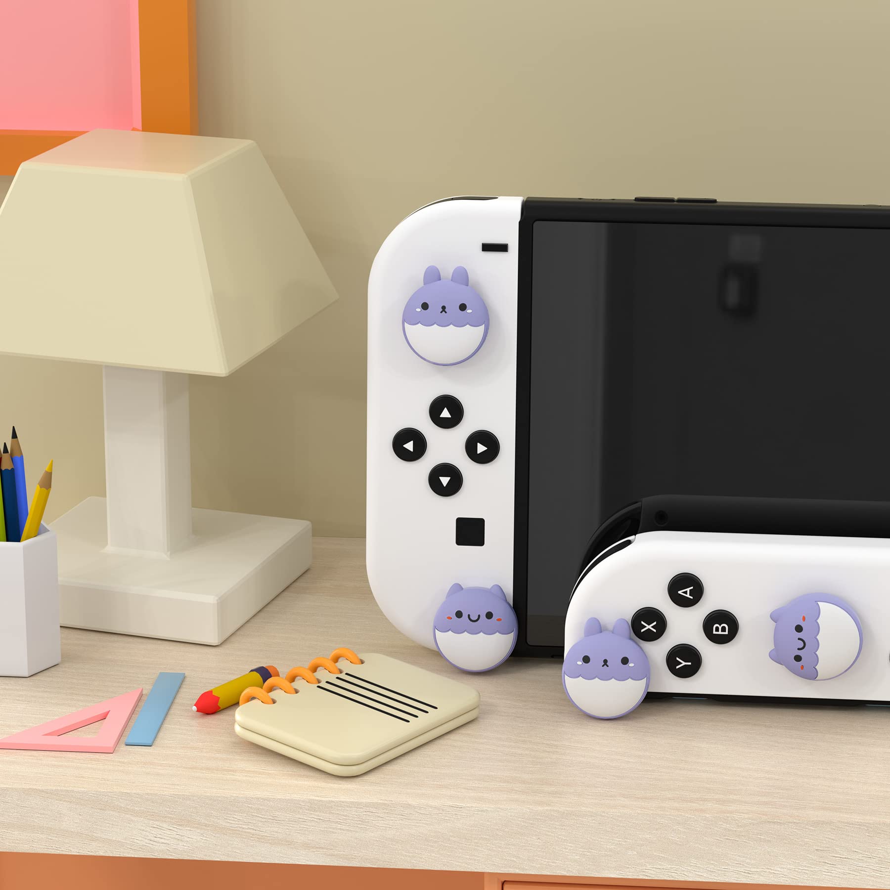eXtremeRate PlayVital Capuchon Joystick pour Switch/OLED Joycon Cover de Stick,Thumb Grip Caps pour Nintendo Switch Lite,Prise de Pouce-Violet Clair,Lapin&Écureuil - 4
