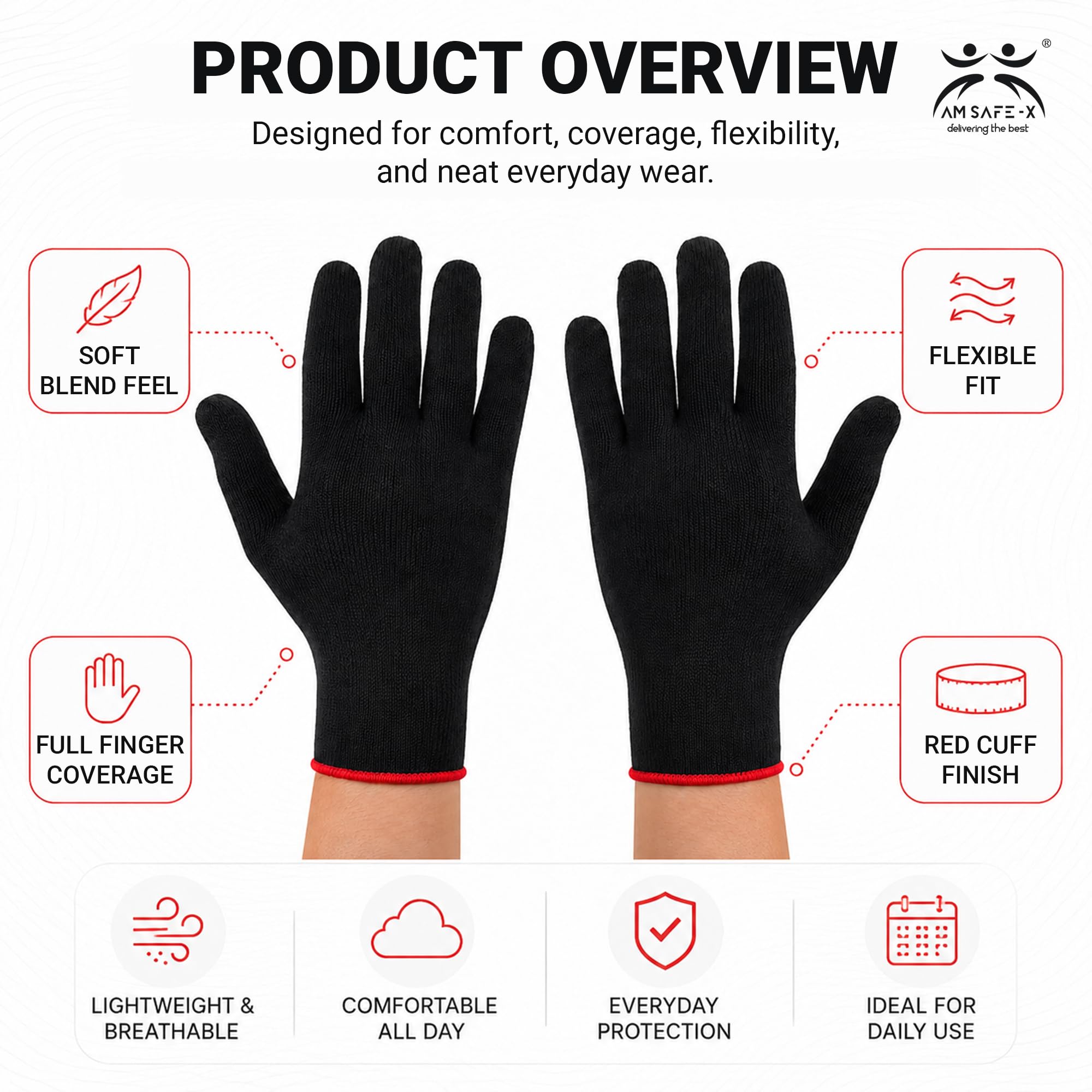 AM Safe-X Premium Black Cotton Gloves for Men & Women | Lightweight Breathable Knitted Gloves | Soft Stretch Fit | Reusable Hand Protection for Driving, Gardening, Warehouse & General Use | 5 Pair 3