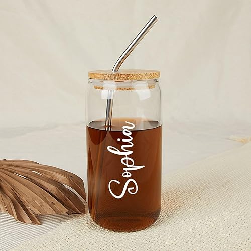 Miniatura 2 de Vaso de vidrio personalizado con popote y pajita, taza de café helado con nombre, regalo de fiesta nupcial, lata de vidrio personalizada de 16