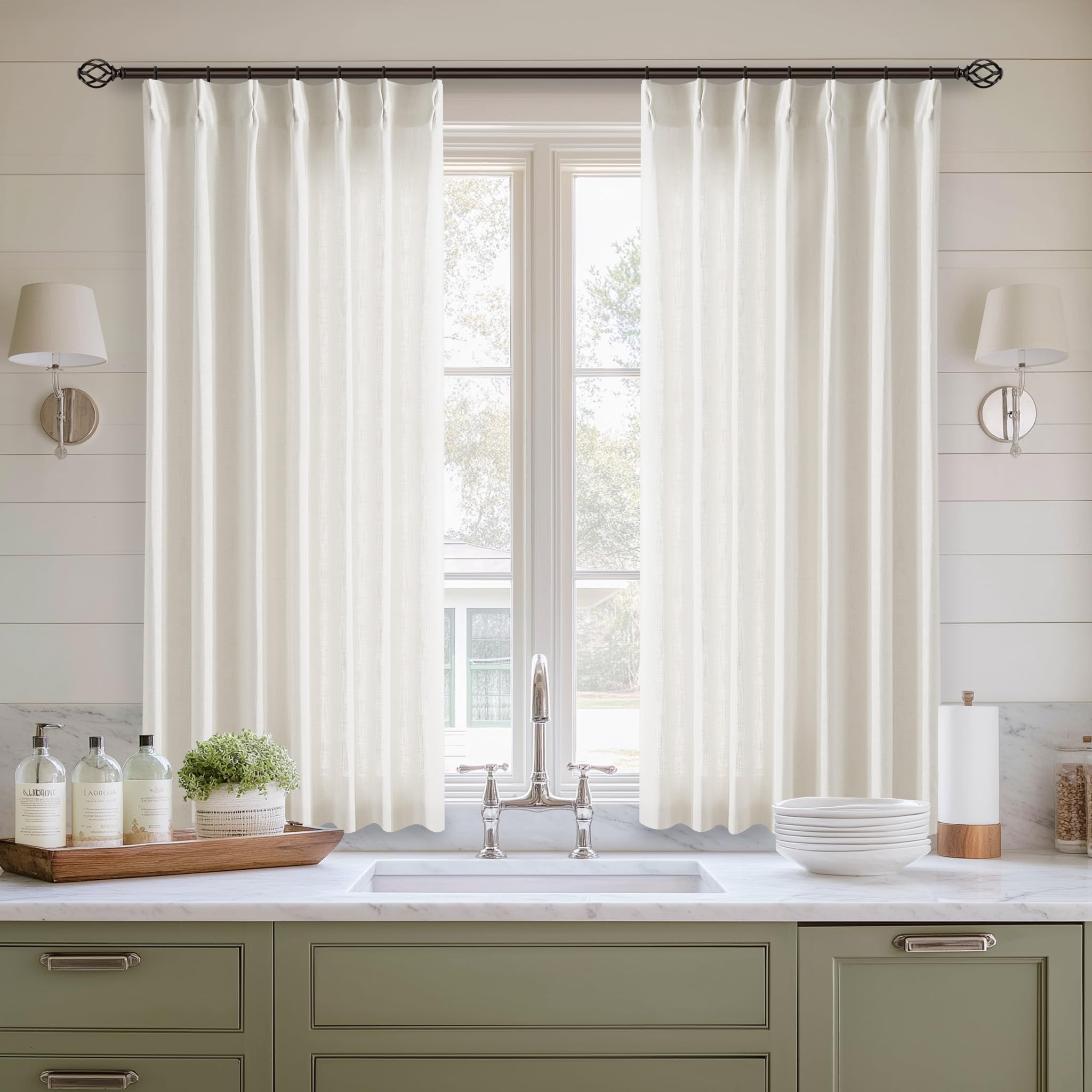 Natural Pinch Pleat Linen Kitchen Curtains 45 Inches Long 2 Panels Set — image 1