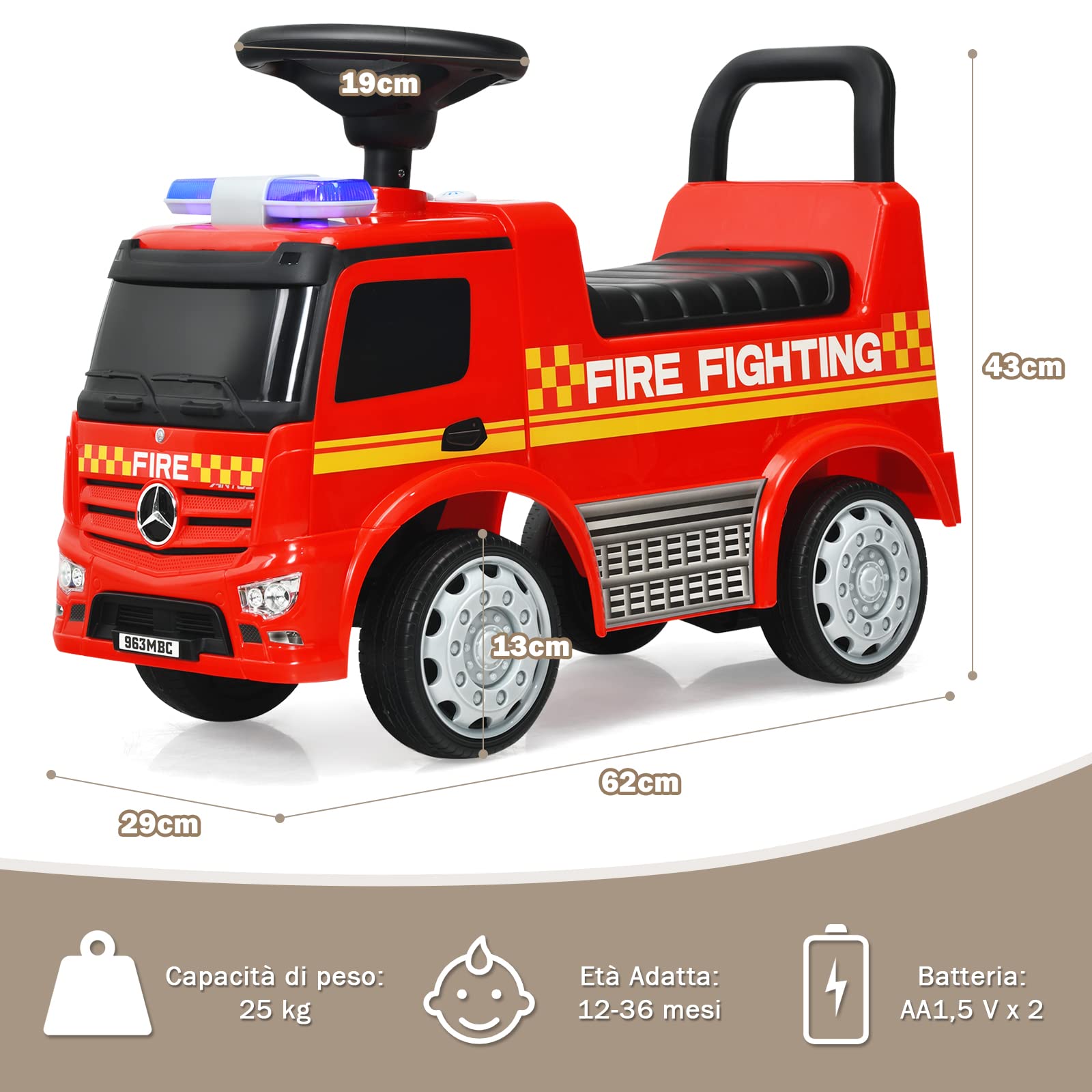 RELAX4LIFE Camion dei Pompieri cavalcabile per Bambini, Girello con Faro e Faro Girevole, con Clacson, Maniglia e Schienale, Spazio di stivaggio, per Bambini da 12 a 36 Mesi, Portata 25 KG