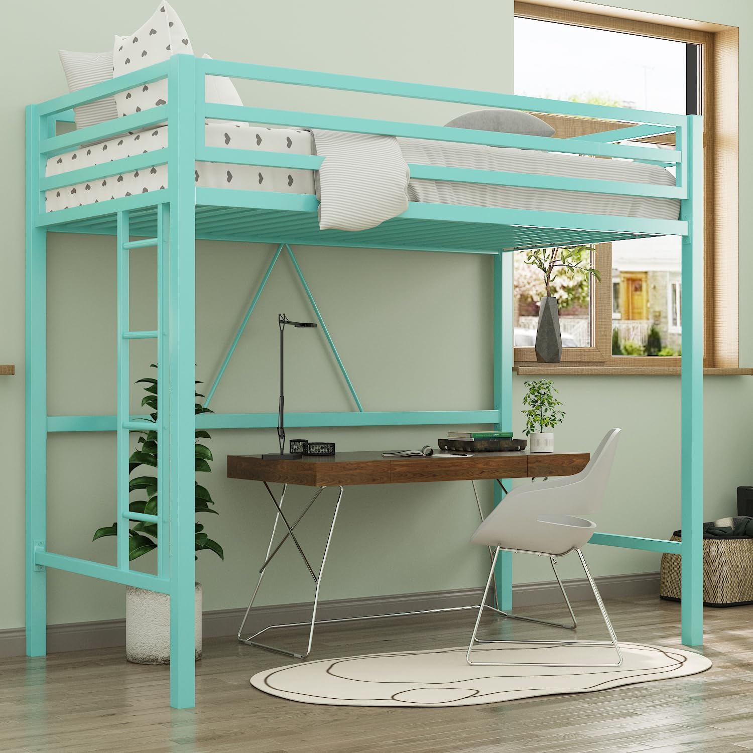 MUTICOR Twin Loft Bed Frame for Juniors and Adults with Safety Guardrail and Ladder,Metal Slats Support, Small Space Saving Furniture for Bedroom Kids Room and Dorm,Aqua Green