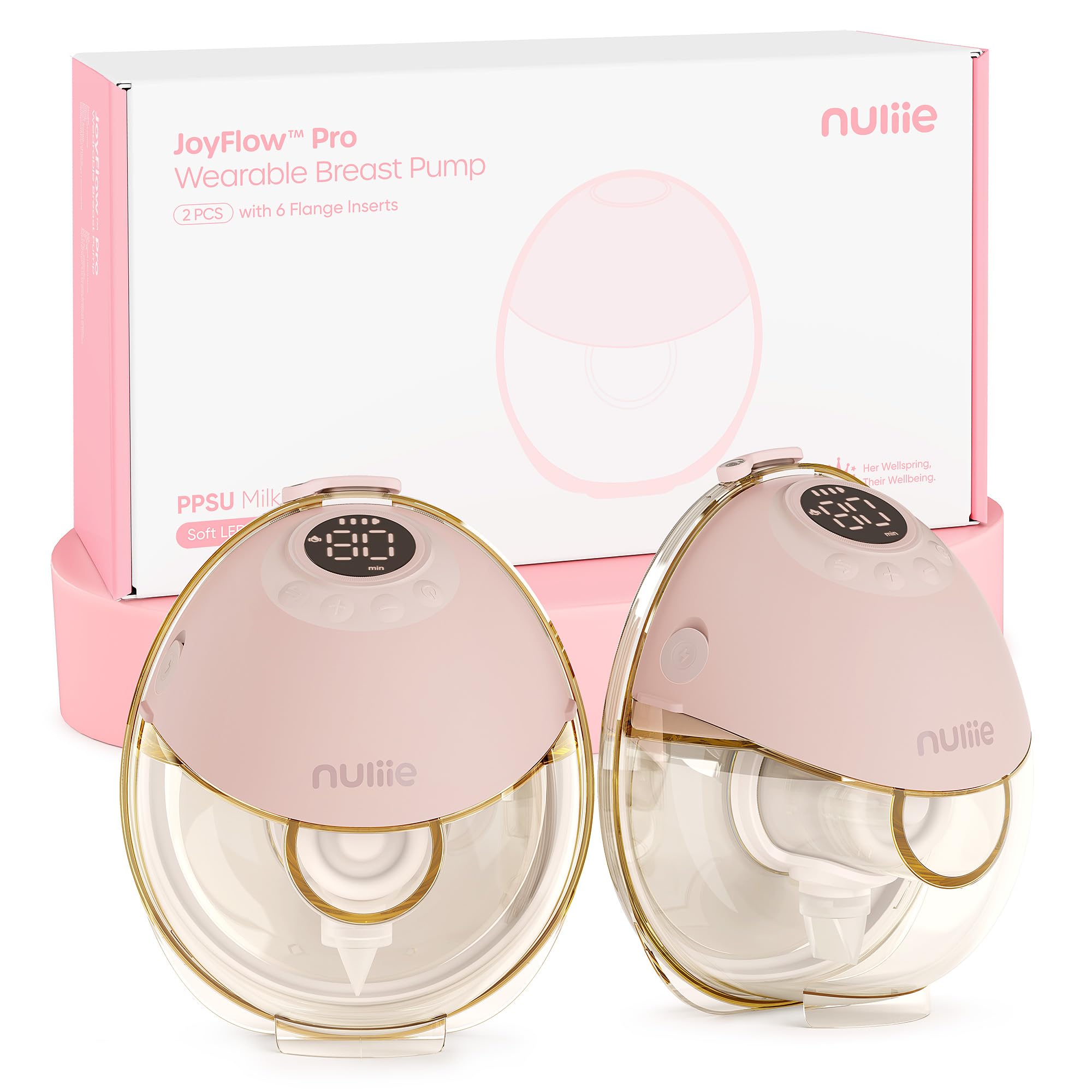 Nuliie JoyFlow Pro Tire-lait portable mains libres avec veilleuse & collecteur PPSU sans BPA, tire-lait électrique avec 4 modes & 12 niveaux, téterelle 24 mm, inserts 17/19/21 mm, lot de 2 Rose