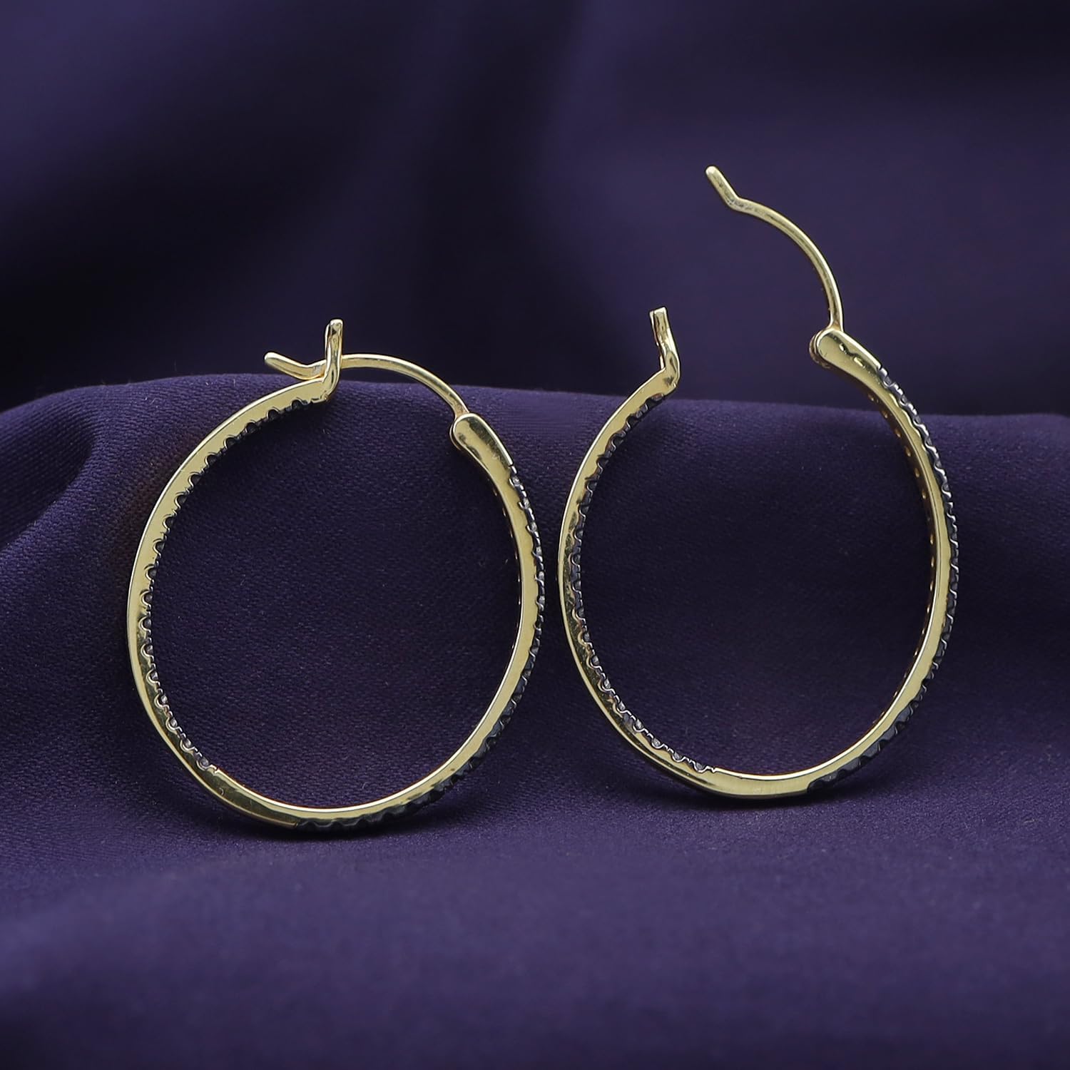 JEWEL ZONE Black Natural Diamond Accent Inside Out Hoop Earrings 14K Gold Over Sterling Silver, Gift For Her Hypoallergenic Jewelry for Sensitive Ears Large Big Hoop Earring