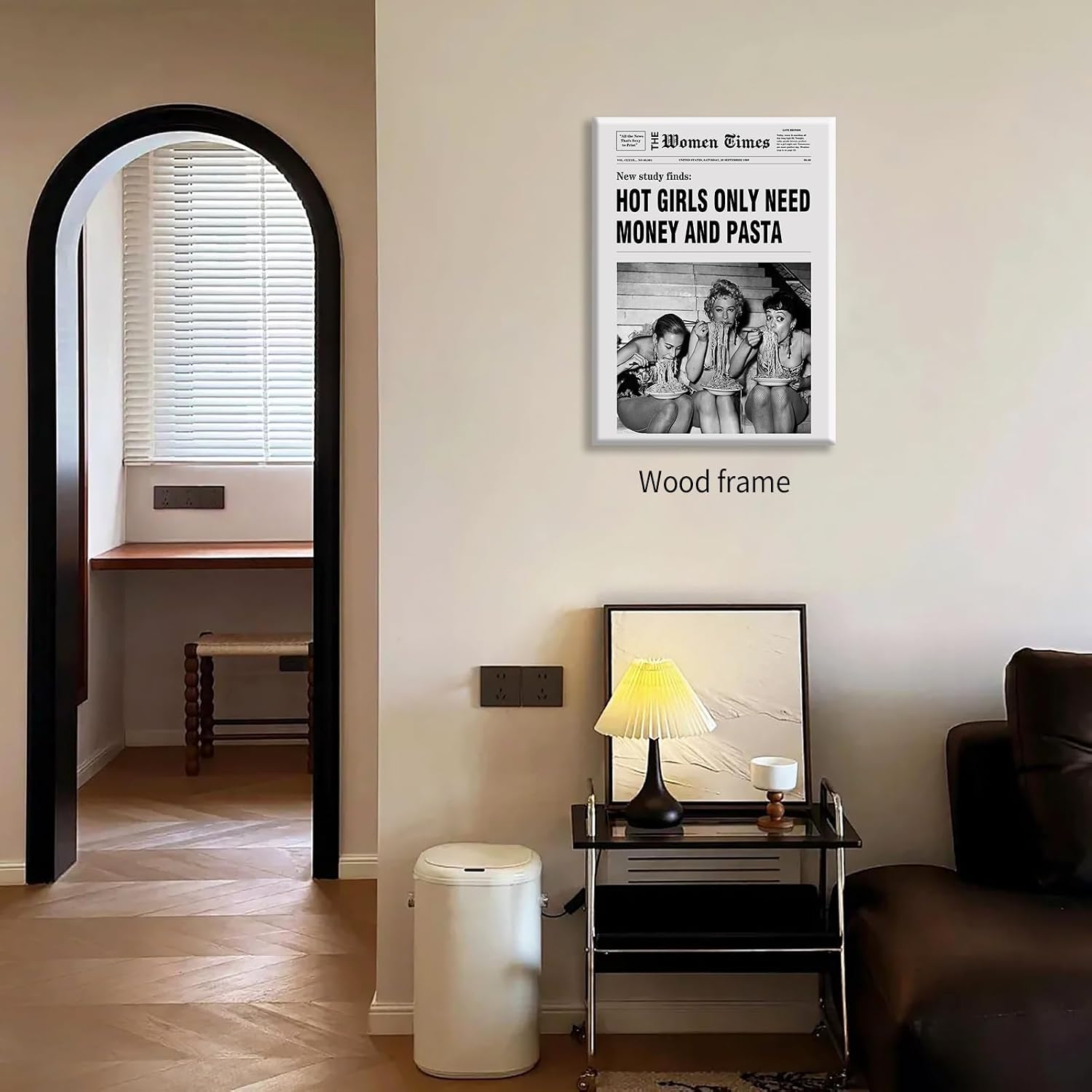 Trendy Black And White Aesthetic Poster Vintage Newspaper Wall Art Fashion Women Eating Pasta Kitchen Prints 12X16 inch Framed for Hot Girl Bedroom Room Wall Decor