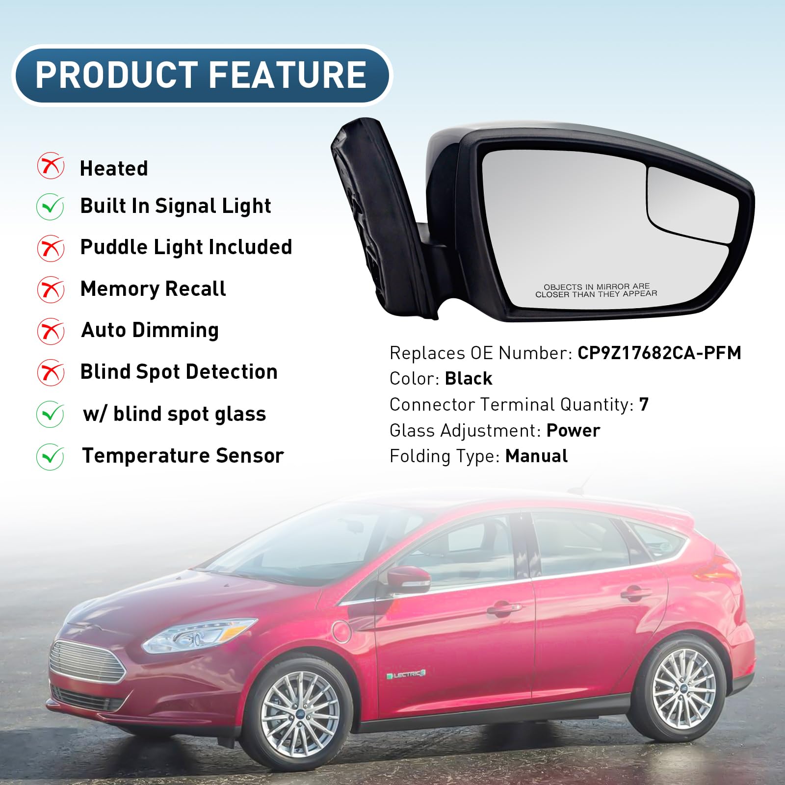 Side Rear View Mirror for Ford Focus 3 Mk3 2011 2012-2018 EU Version Electric Heated glass lens Turn Signal Light Car Accessory
