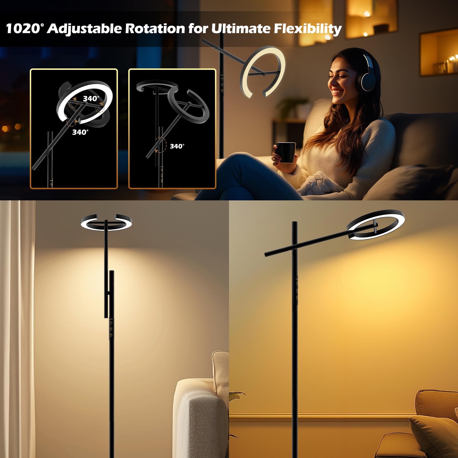 GLOWRIUM 71-inch floor lamp with remote control (batteries not included), UV-free 12,000 lux, 4 color temperatures, tall floor lamp with timer for bedrooms, continuously dimmable, swivel head