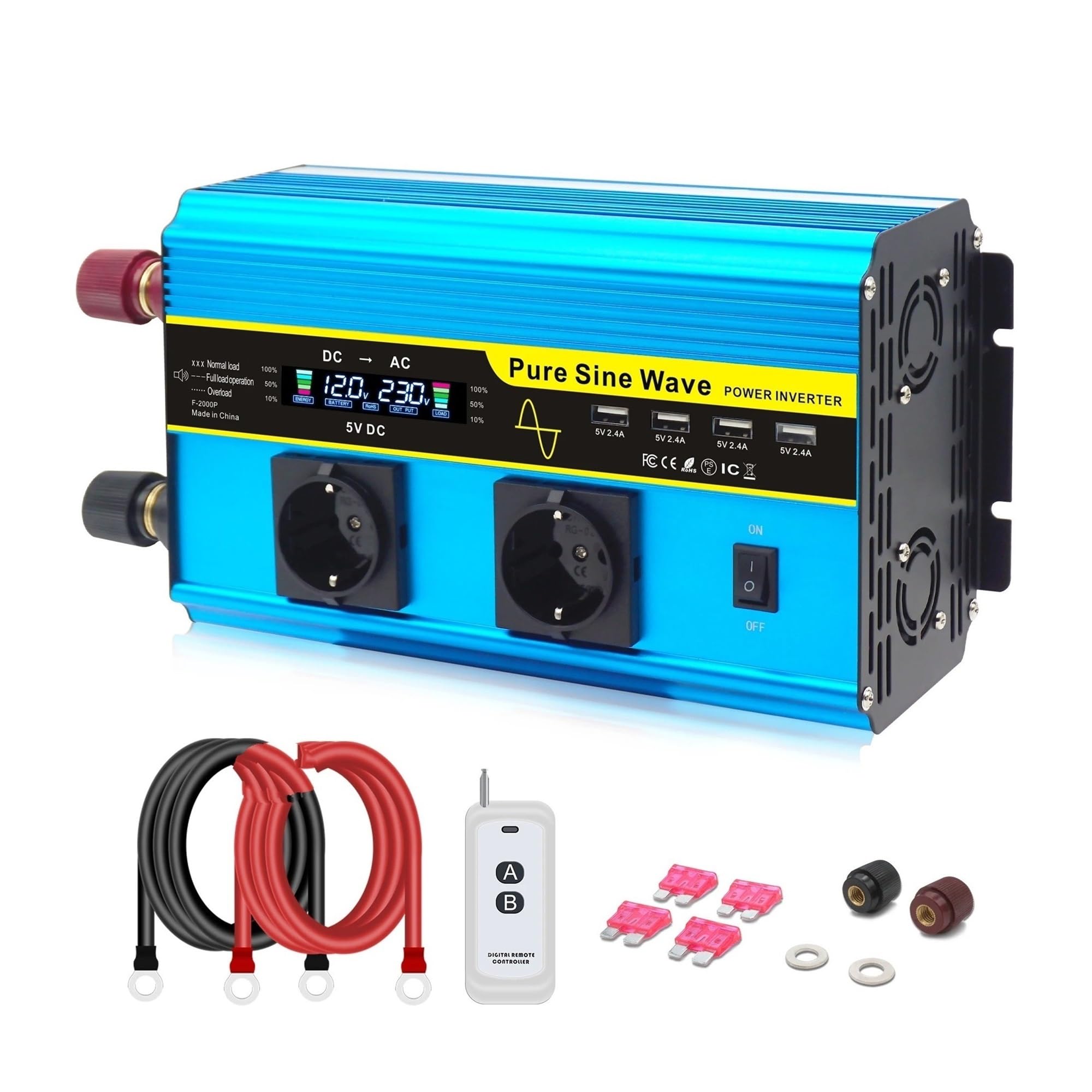Convertidor Inversor Transformador Inversor Onda Sinusoidal Pura 8000W CC 12V/24V A CA 220 V/230 V Control Remoto Pantalla LCD Convertidor para Autocaravana Batería Solar(DC12V,50Hz EU,5000W Peak)