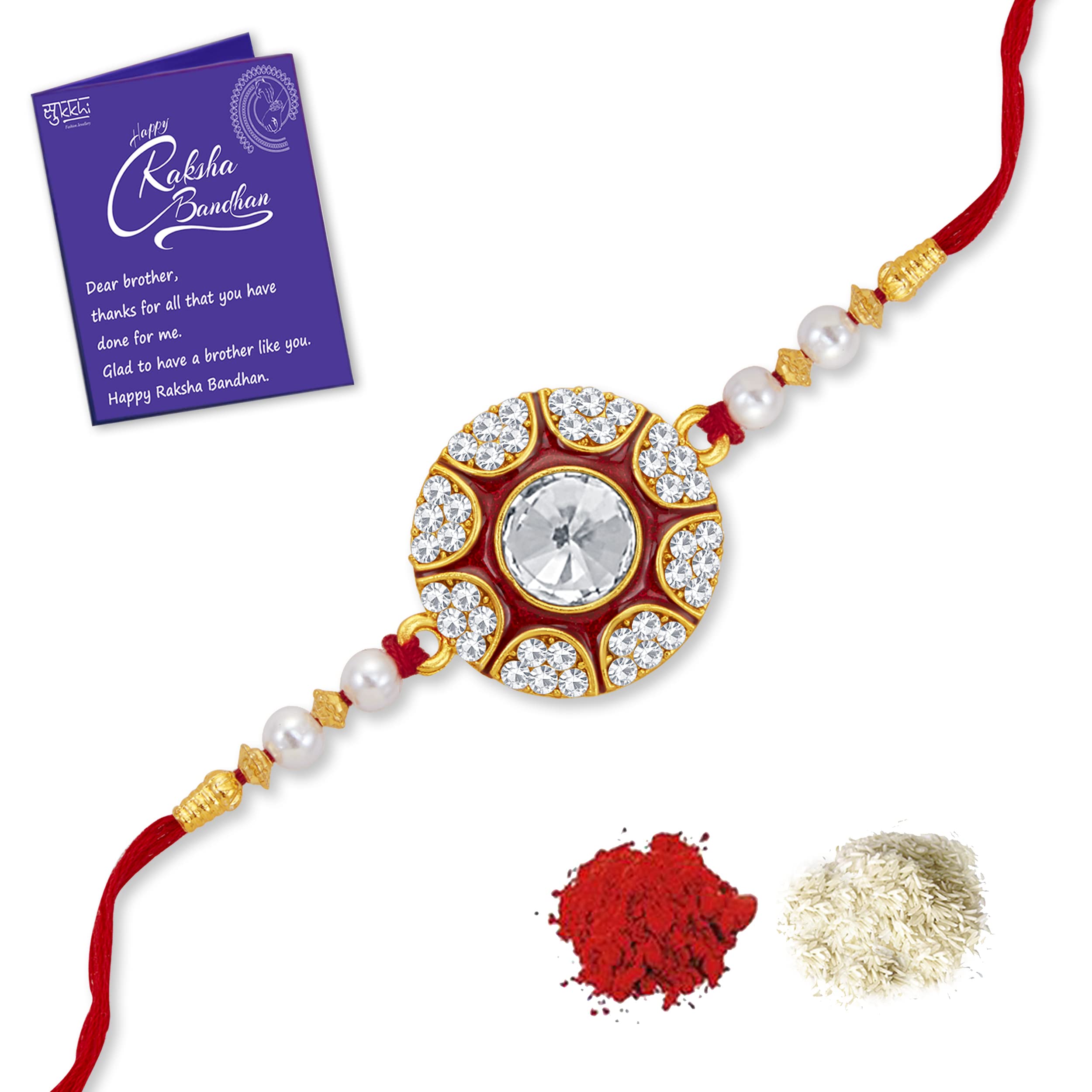 Sukkhi Rakhi Beguiling Kundan Designer Gold Plated Premium Rakhi for Brother With Roli Chawal & Greeting Card | Rakhi for Bhaiya | Rakhi for MEN | Kundan Rakhi | (RAK104486) (B0B639N1C9) Amazon Price History, Amazon Price Tracker